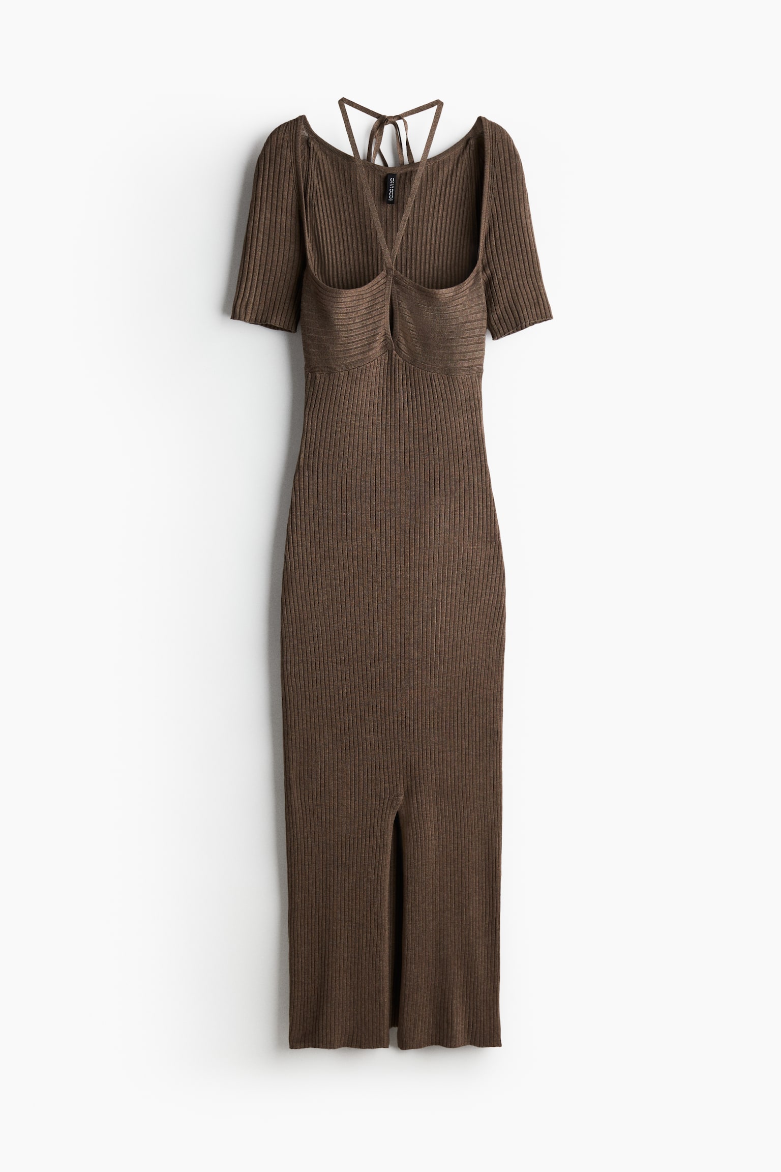 Rib-knit tie-detail dress - Dark brown marl - 2