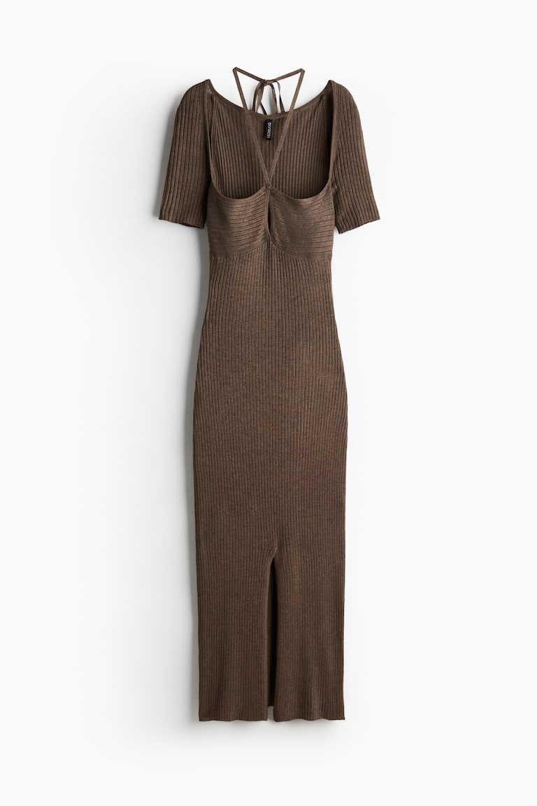 Rib-Knit Tie-Detail Dress - Dark brown melange