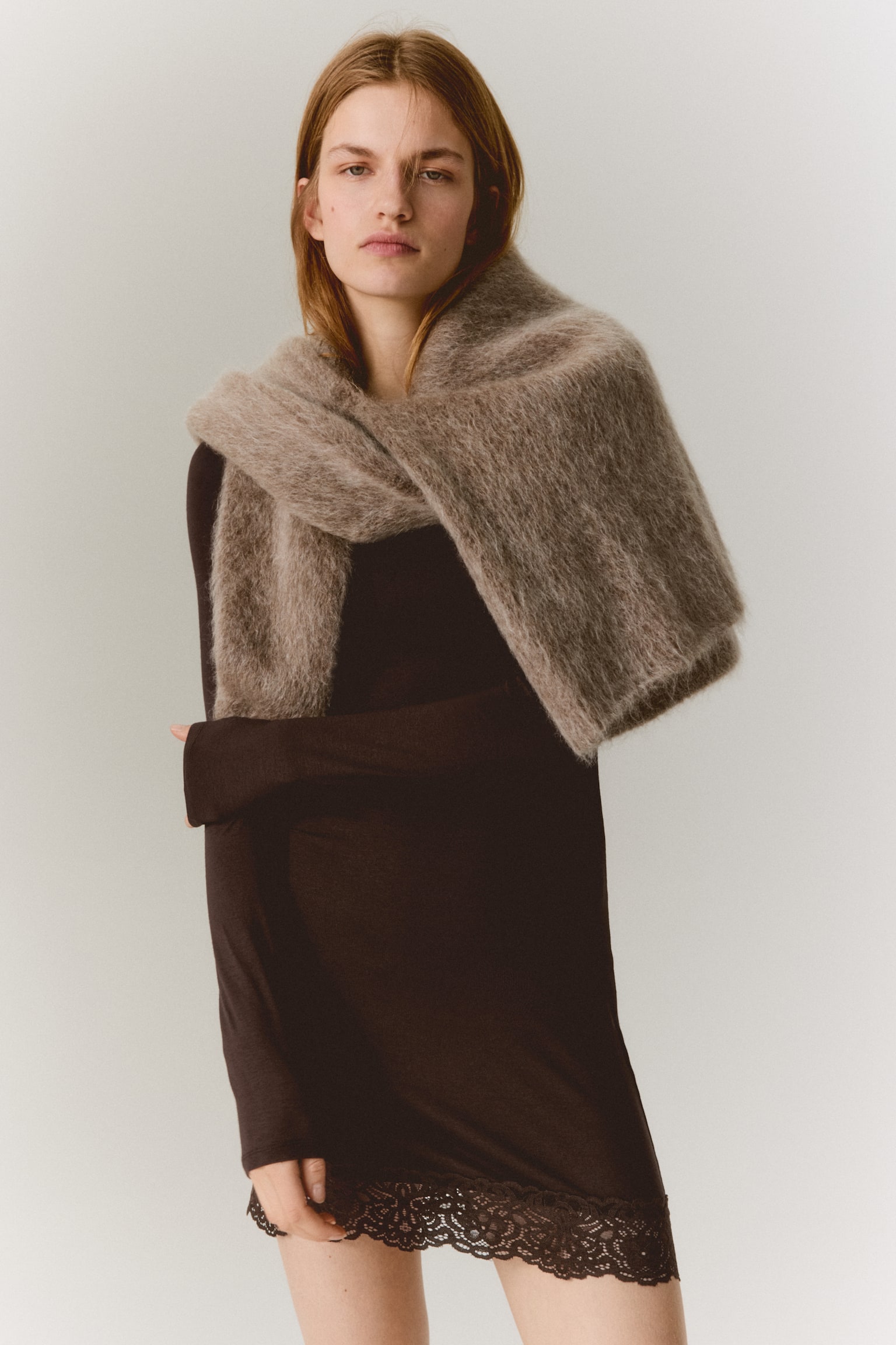 Lace-trimmed jersey dress - Dark brown - 3