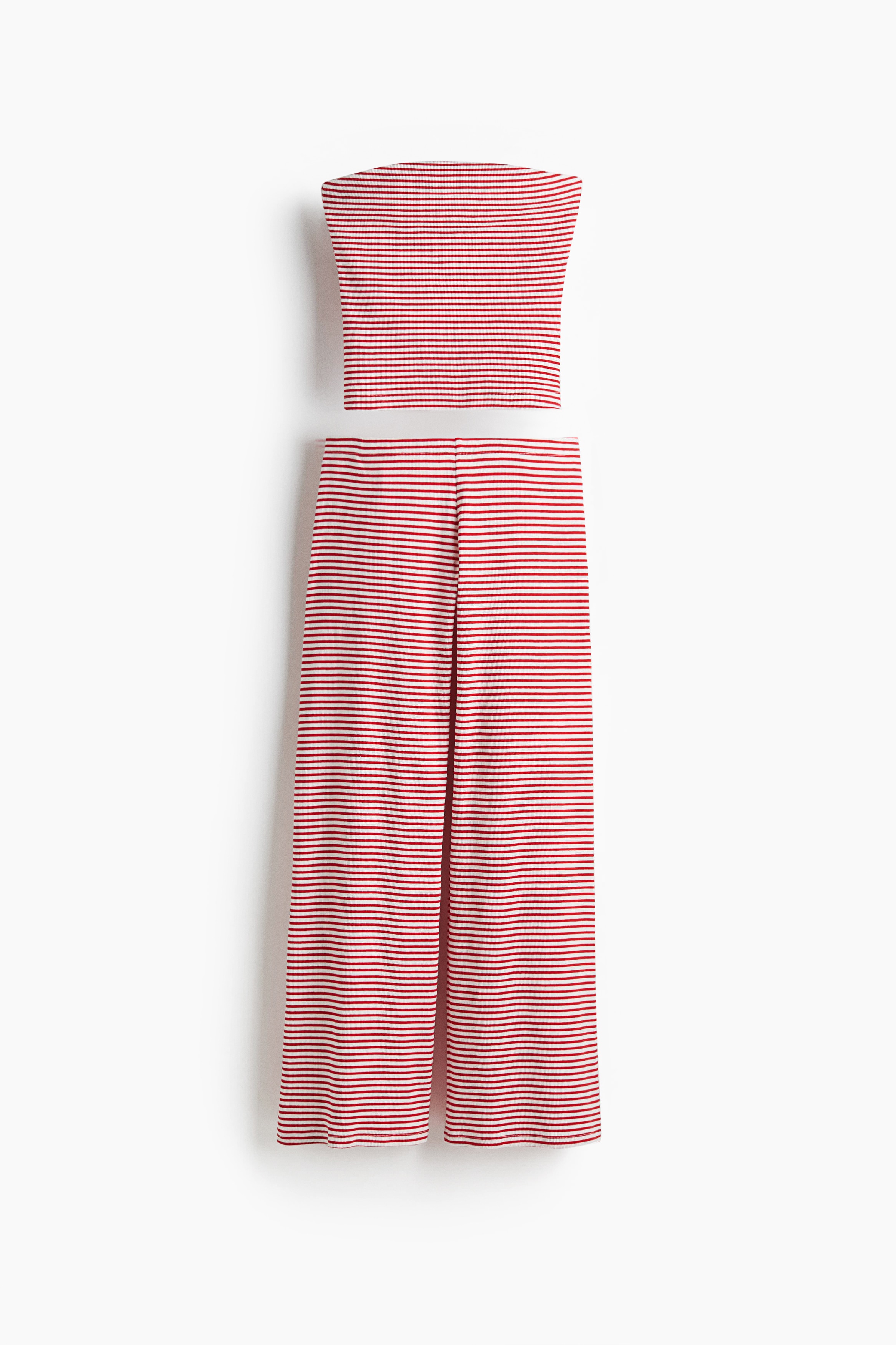 Ensemble 2 pièces côtelé avec top et pantalon - Rayures rouges et blanches/Blanc