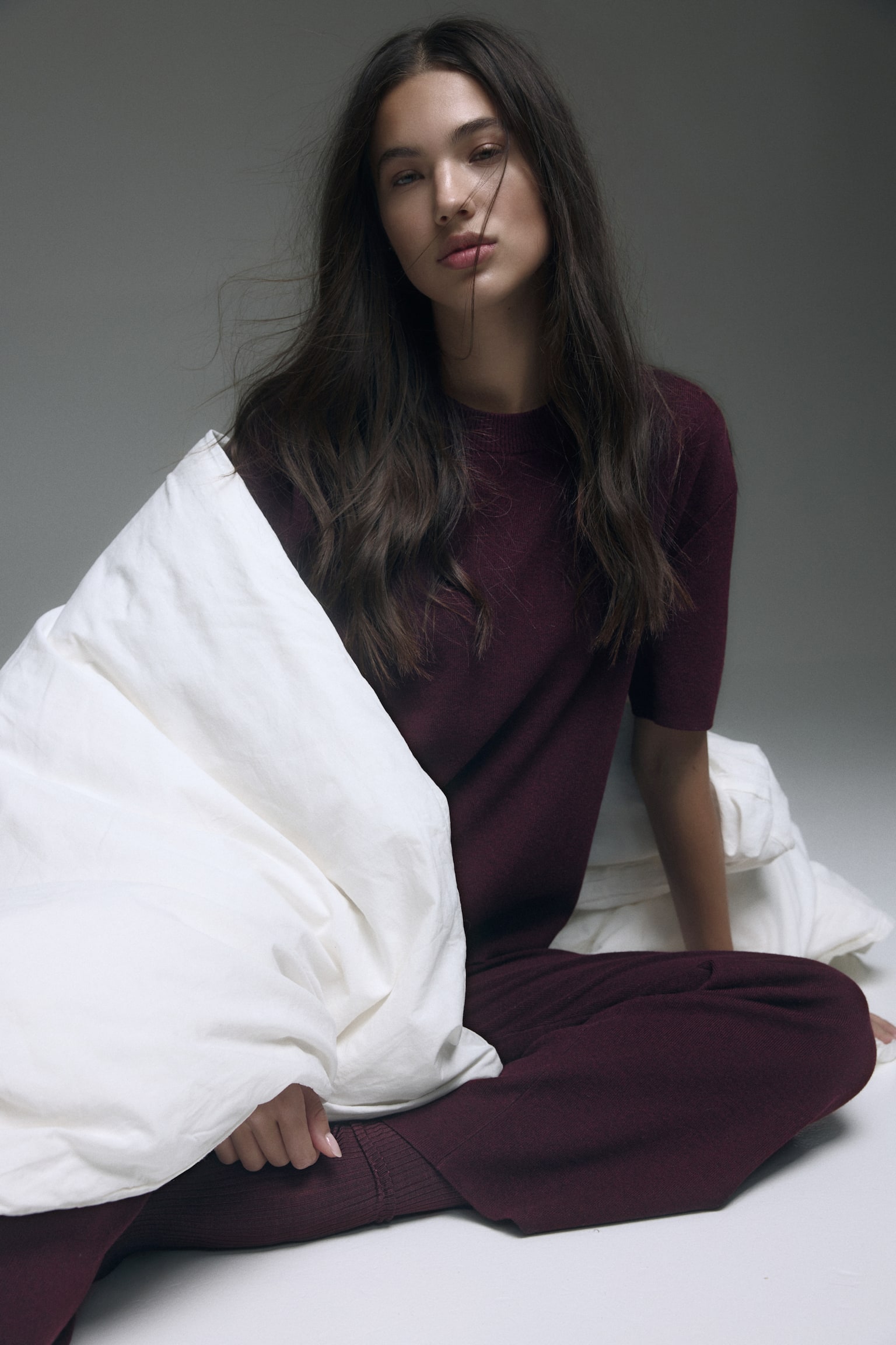 Fine-knit top - Burgundy/Cream - 1