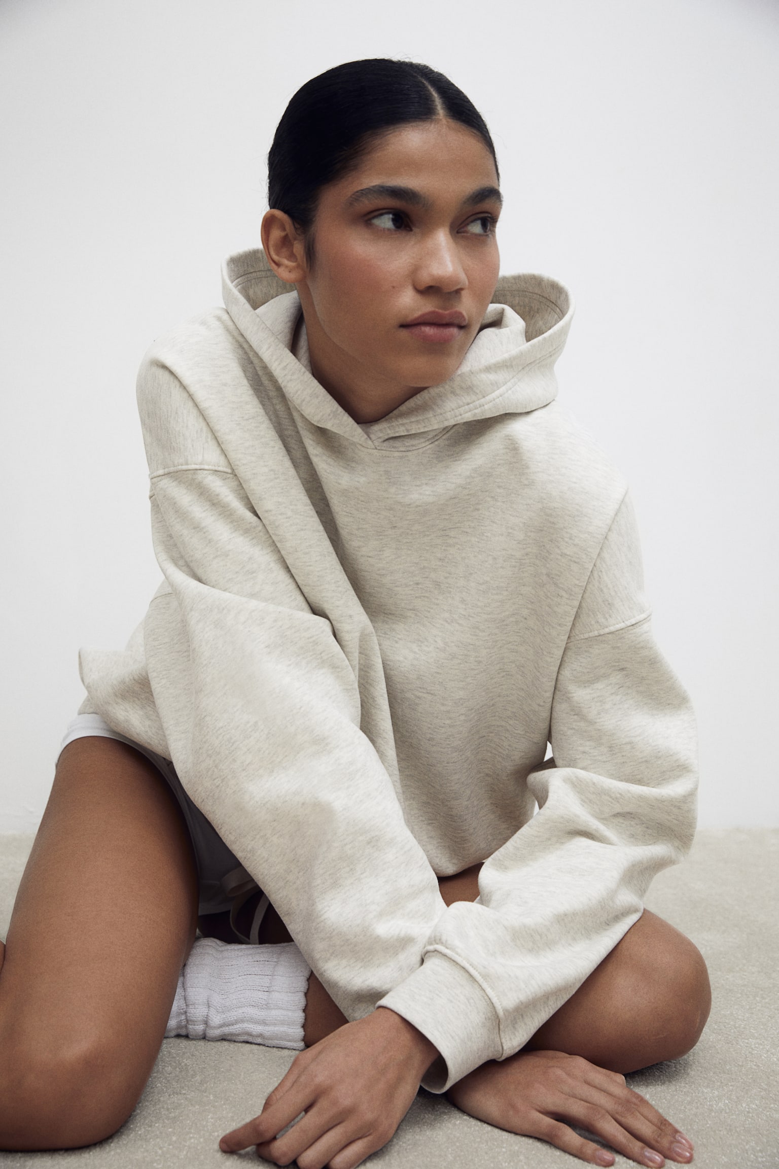 Drawstring Hem Hoodie - Cream marle/Light beige/Light grey marle - 1