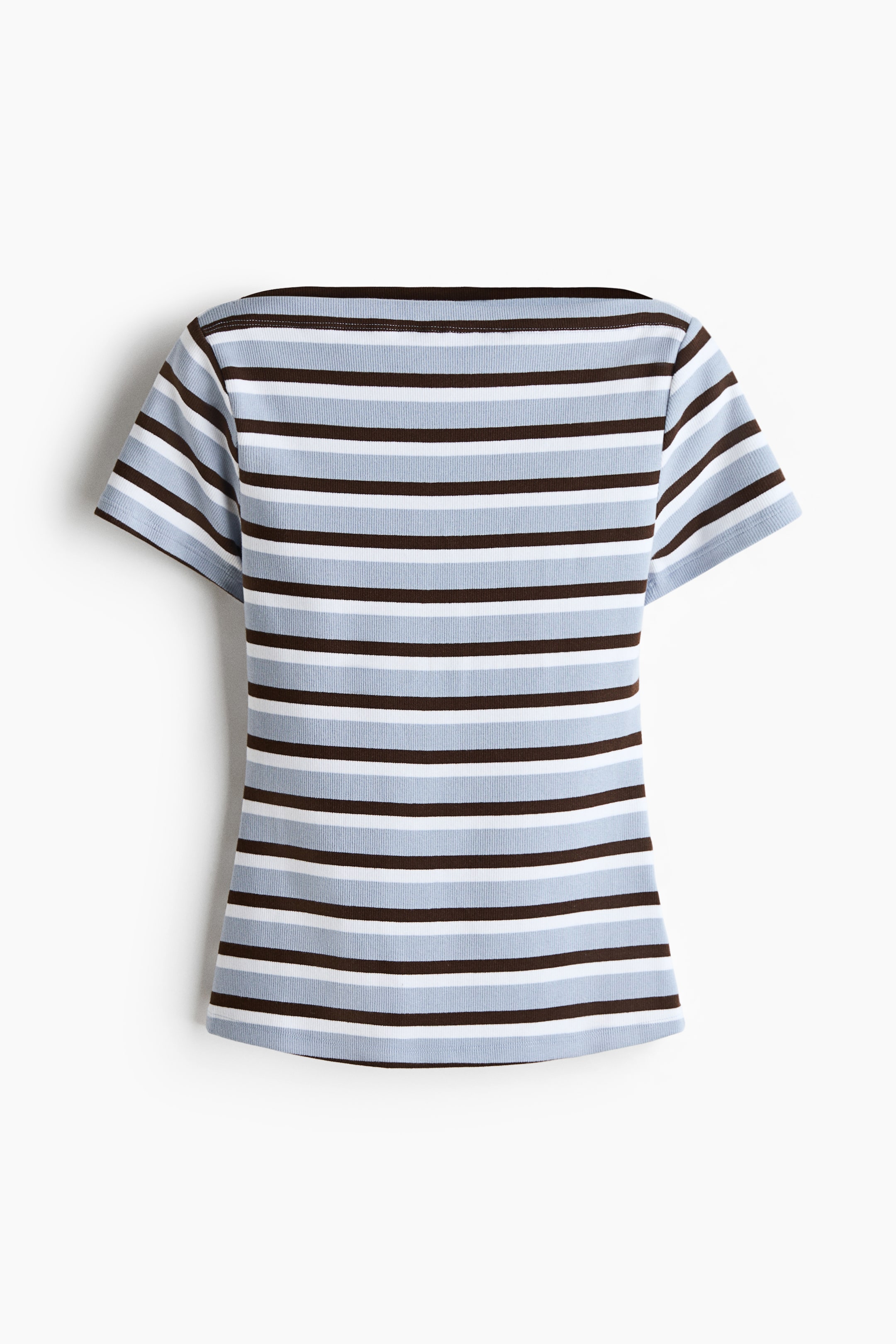 Agrandir l'image: Le haut ajusté, confectionné en jersey de coton côtelé, présente des rayures horizontales en bleu clair, blanc et brun foncé. Il arbore un large décolleté droit dans le dos et des manches courtes.