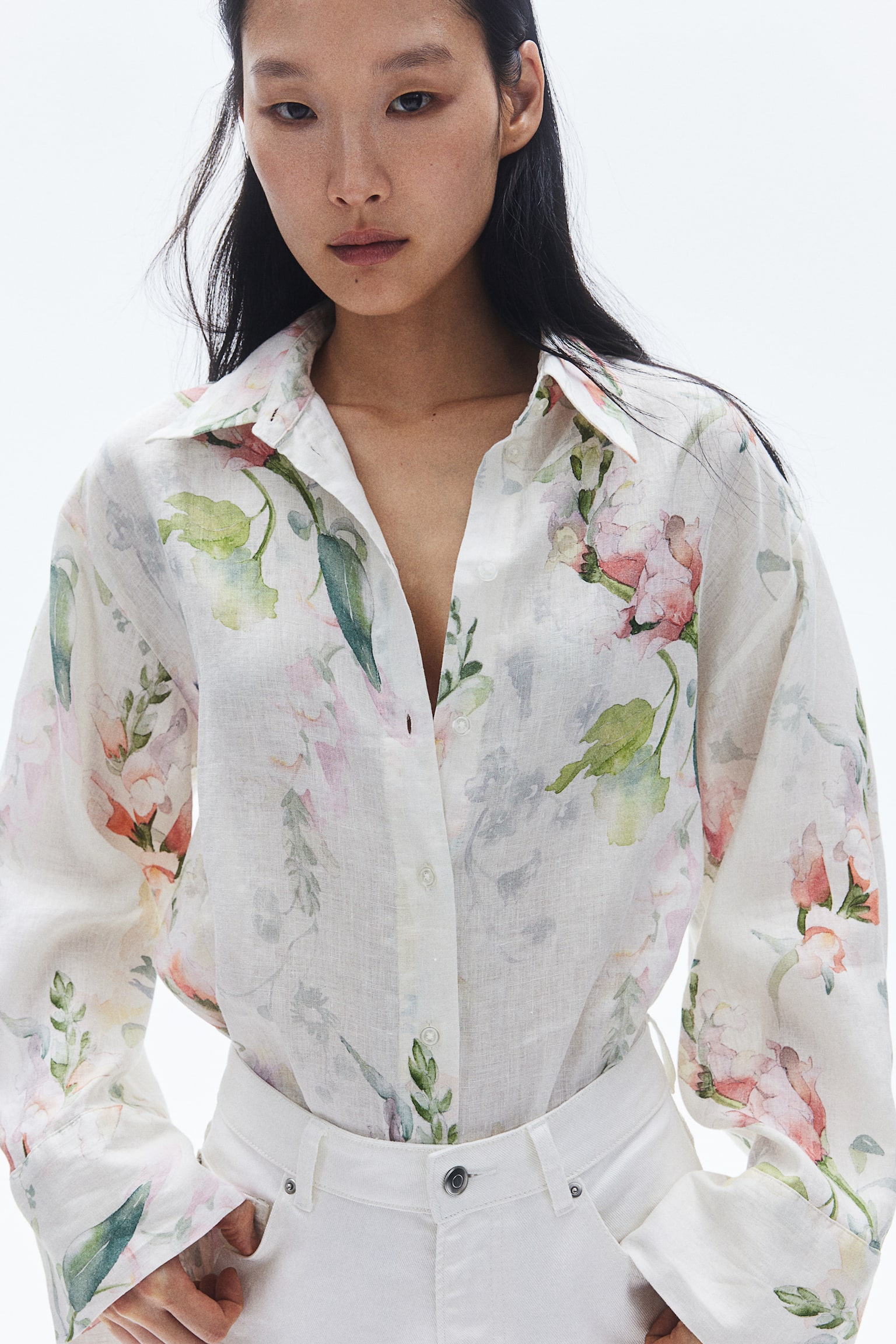 Linen Shirt - White/Floral/White/Blue floral/Light pink/Black/Leaves - 6