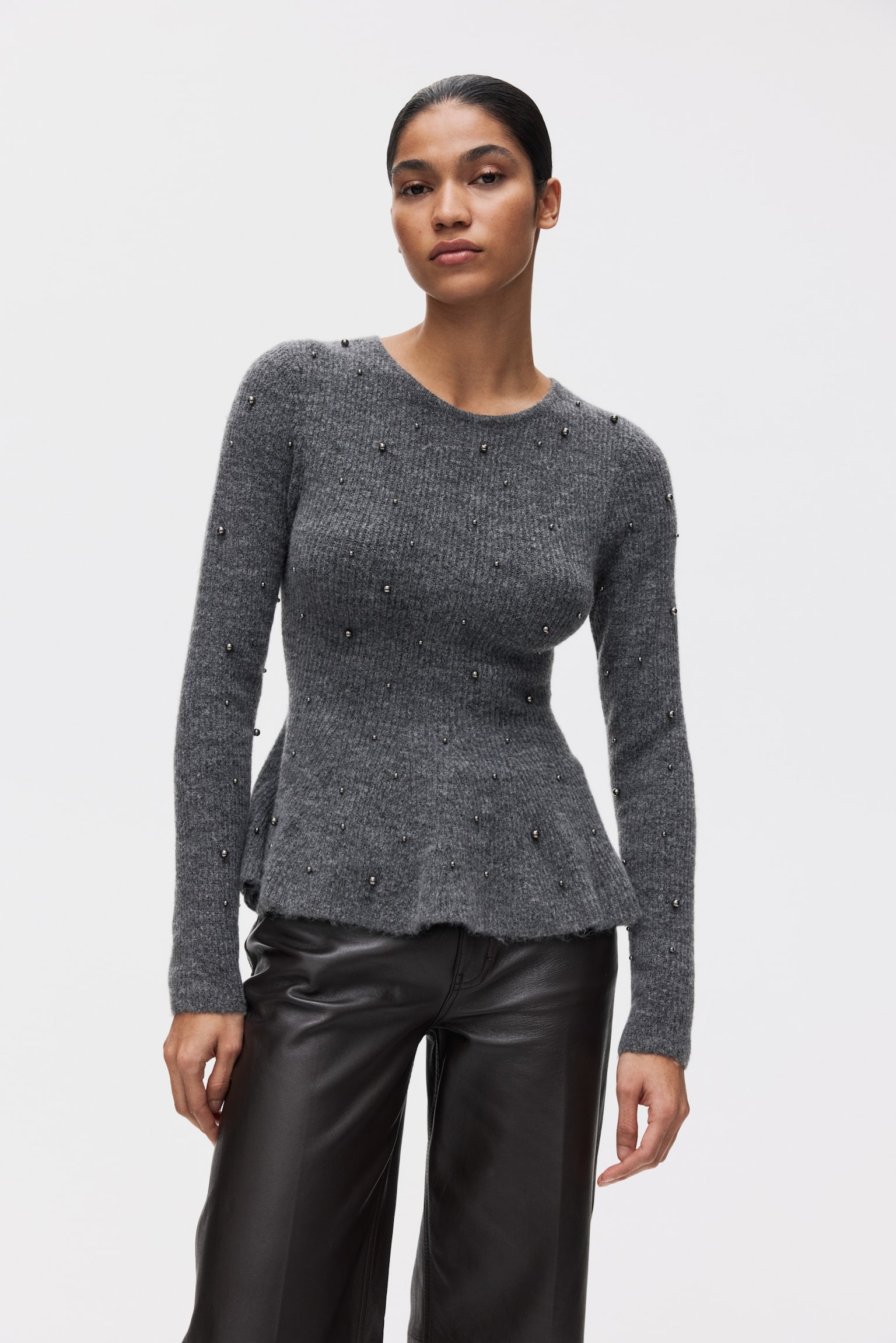 חולצת פפלום מעוטרת בחרוזים - אפור מלאנז'/בורדו/קרם - 3