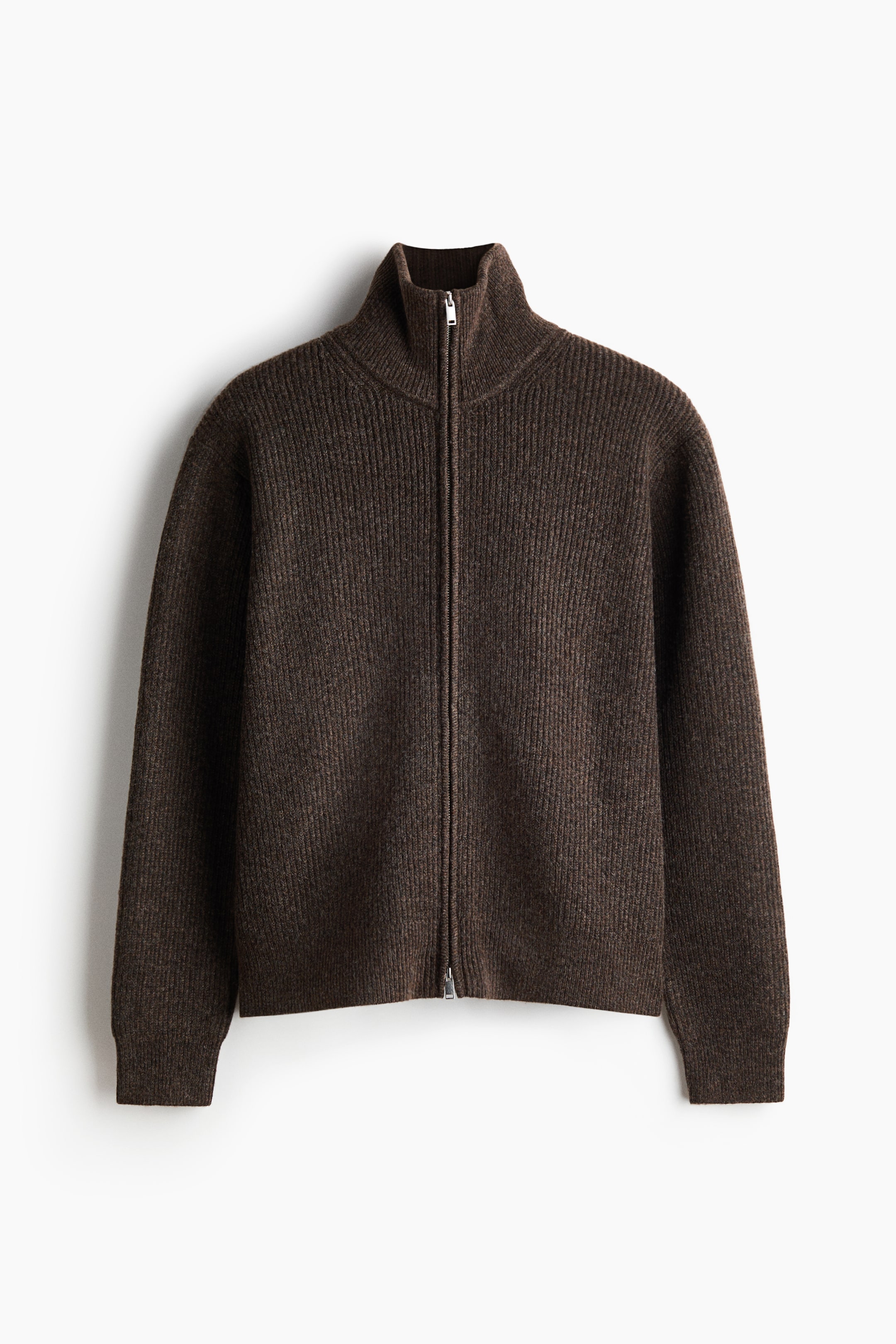 View larger image: A brown zippered cardigan features a ribbed knit texture, a stand-up collar, long sleeves, and a full-length silver-toned zipper.