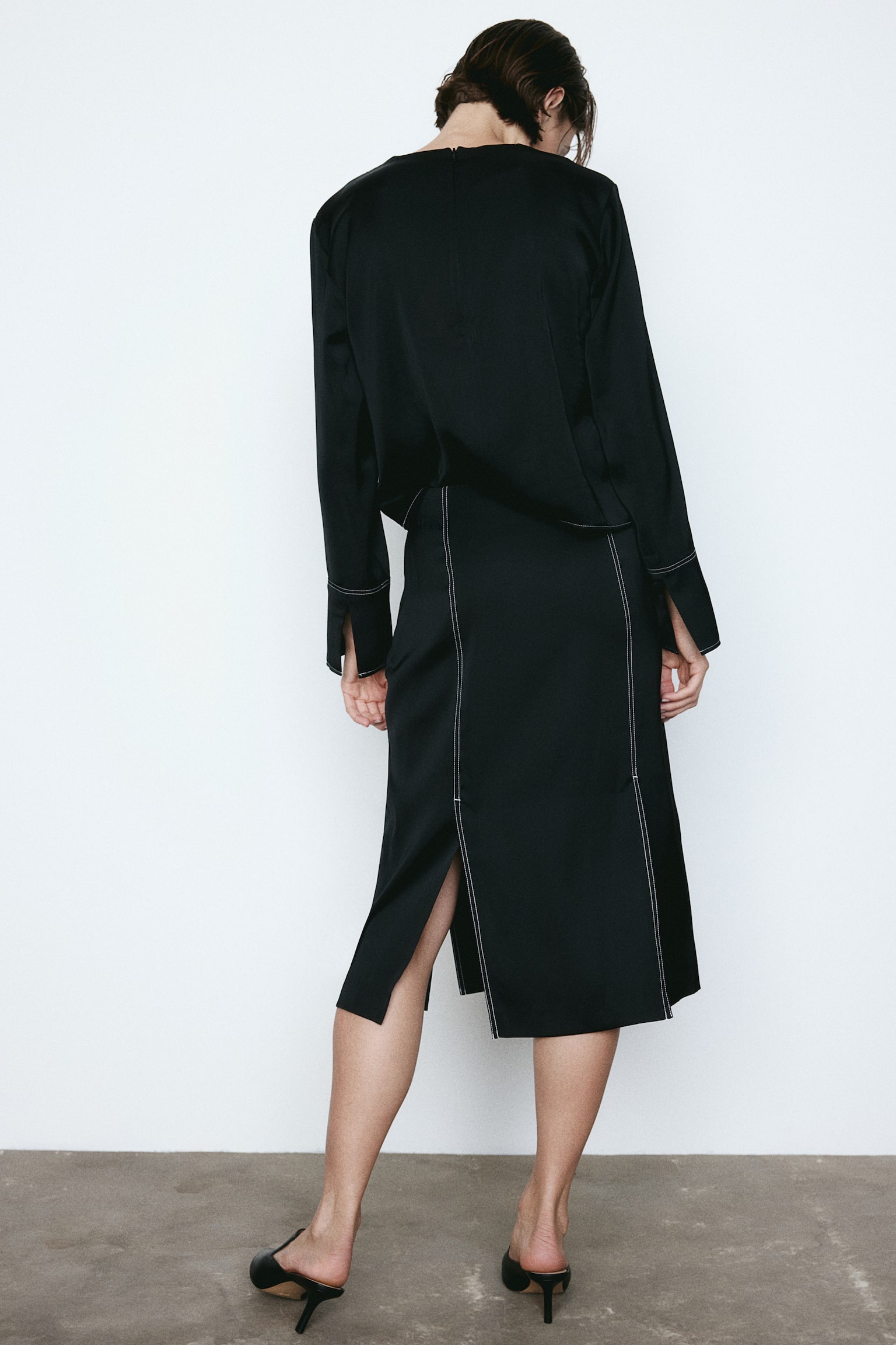 Slit Hem Satin Skirt - Black - 5