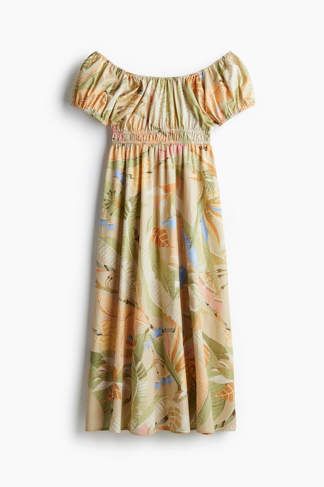 Schulterfreies Popelinekleid - Beige/Geblümt/Schwarz/Blau/Weiss/Schwarz geblümt - 1