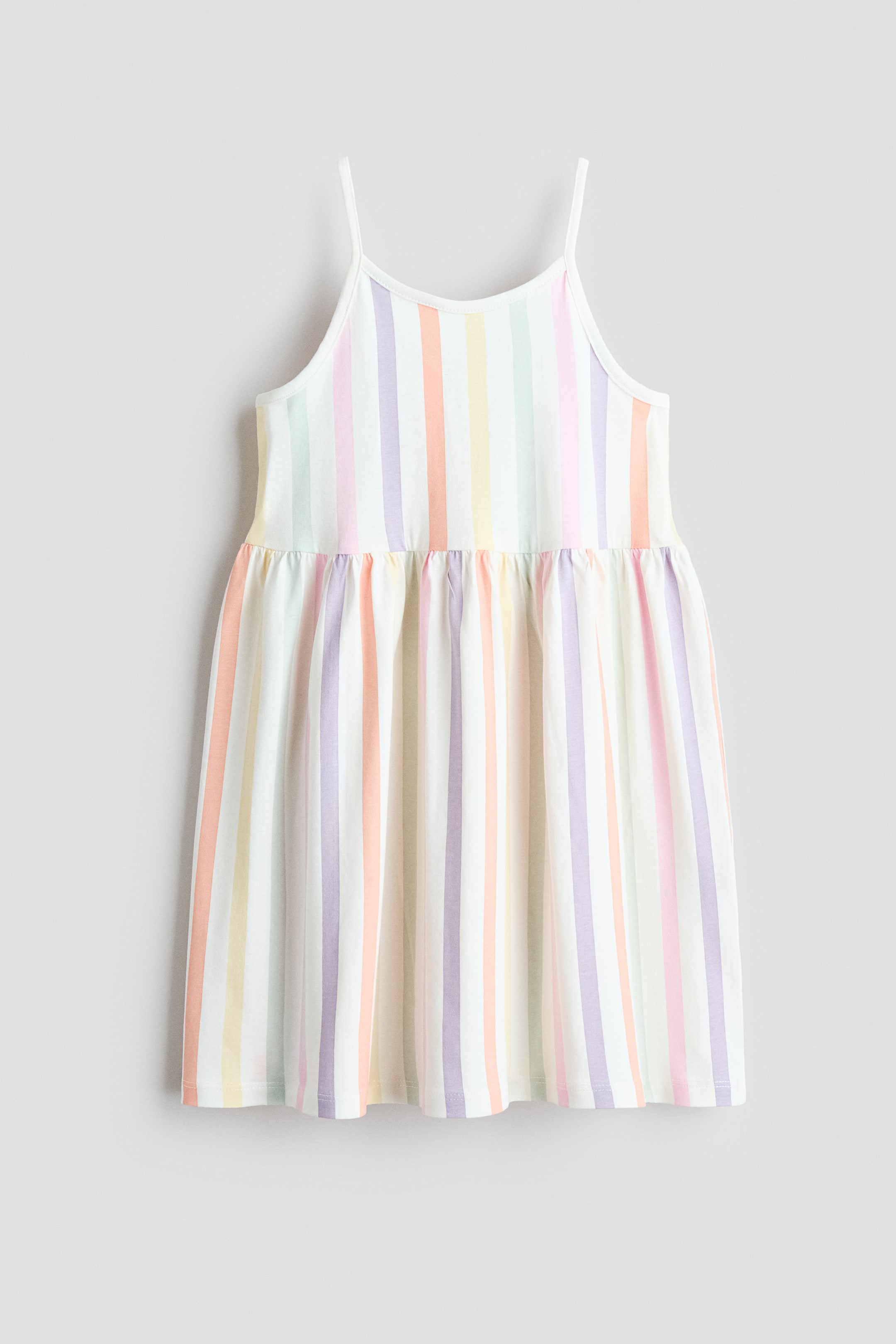 View larger image: The dress is crafted from soft cotton jersey and showcases vertical pastel stripes. It features slender shoulder straps, a rounded neckline, and a gathered seam at the waist, creating a gently flared skirt.