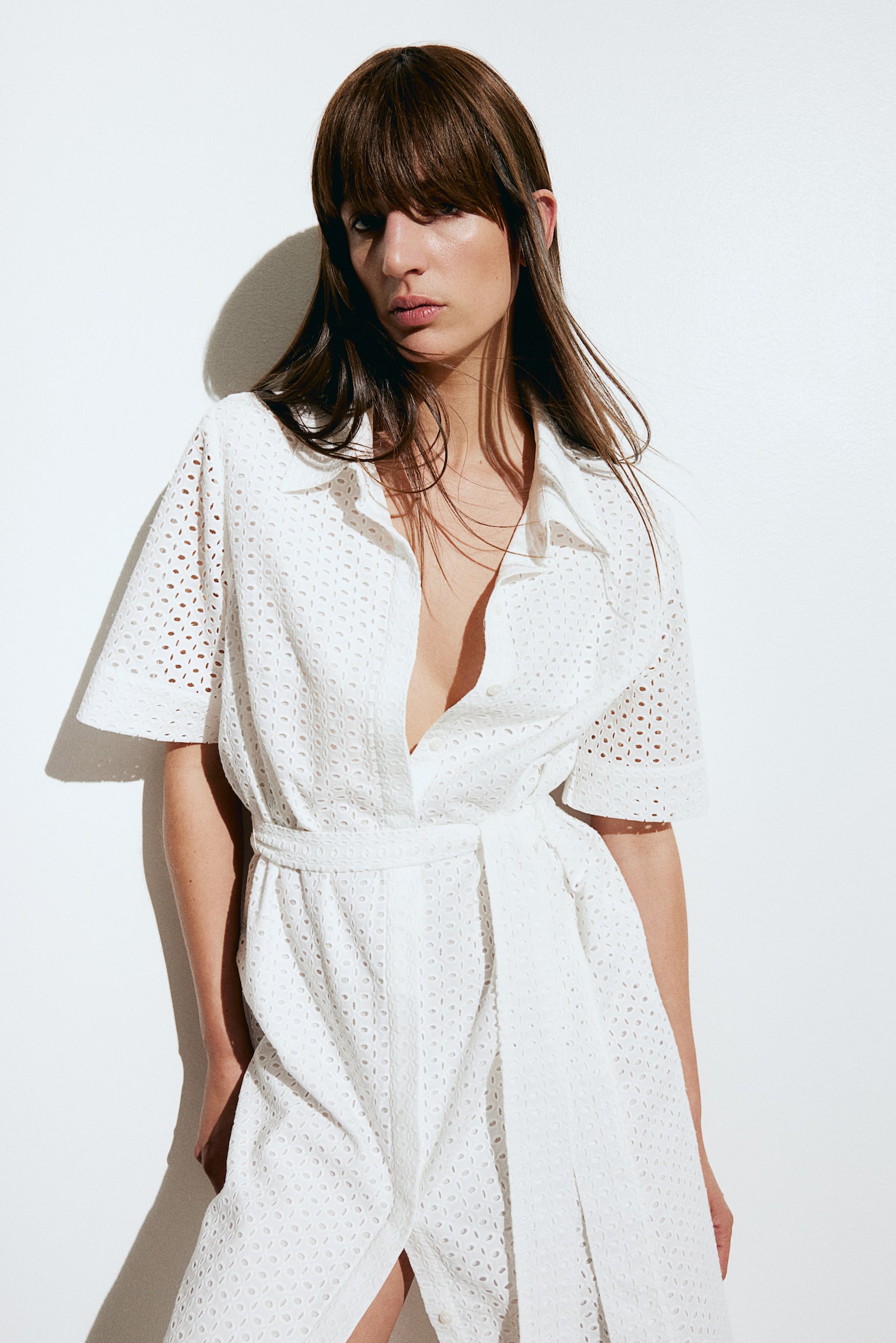 Broderie anglaise shirt dress - White/Navy blue - 3