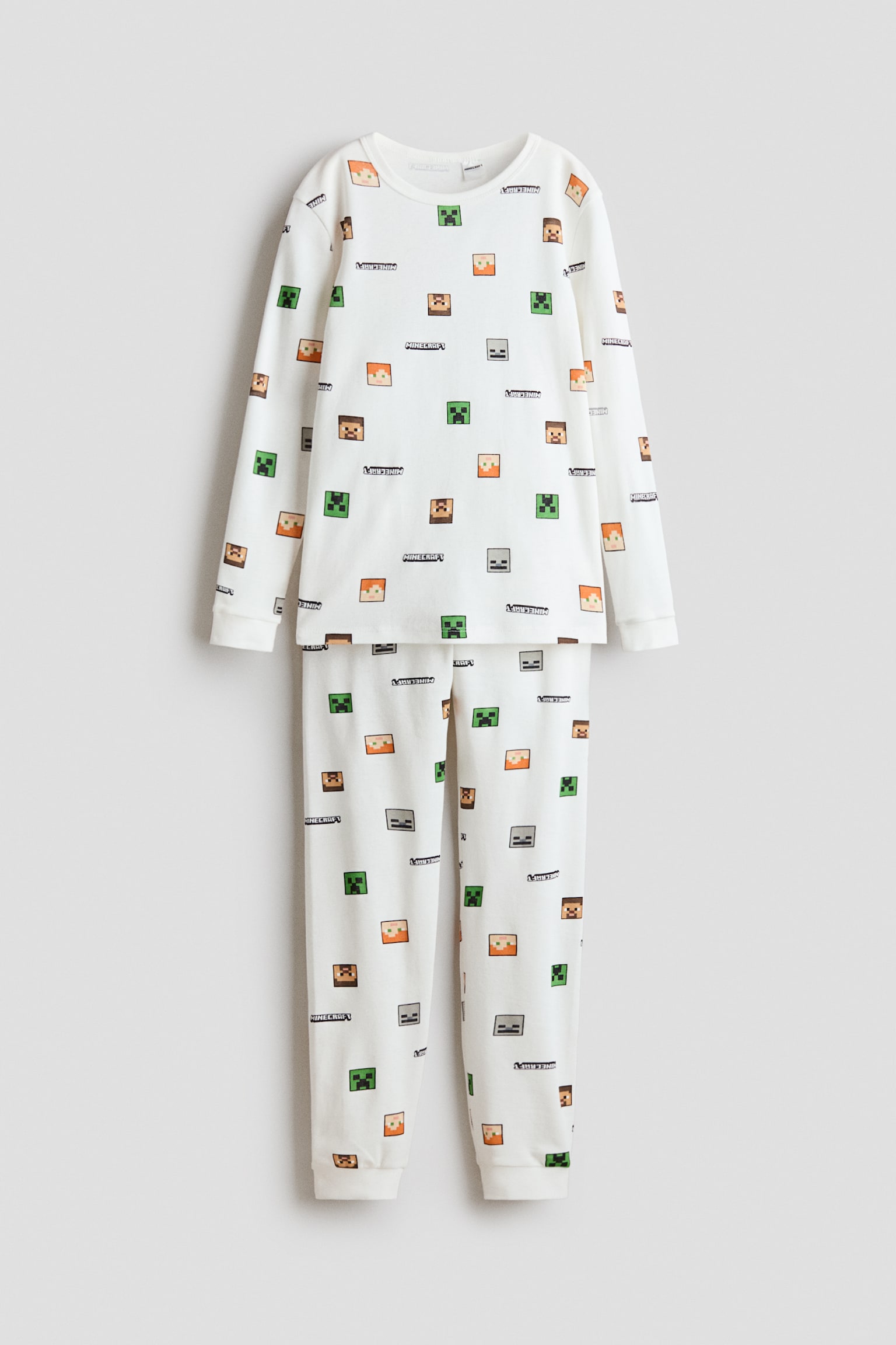 Snug-Fit Printed Cotton Pajamas - White/Minecraft