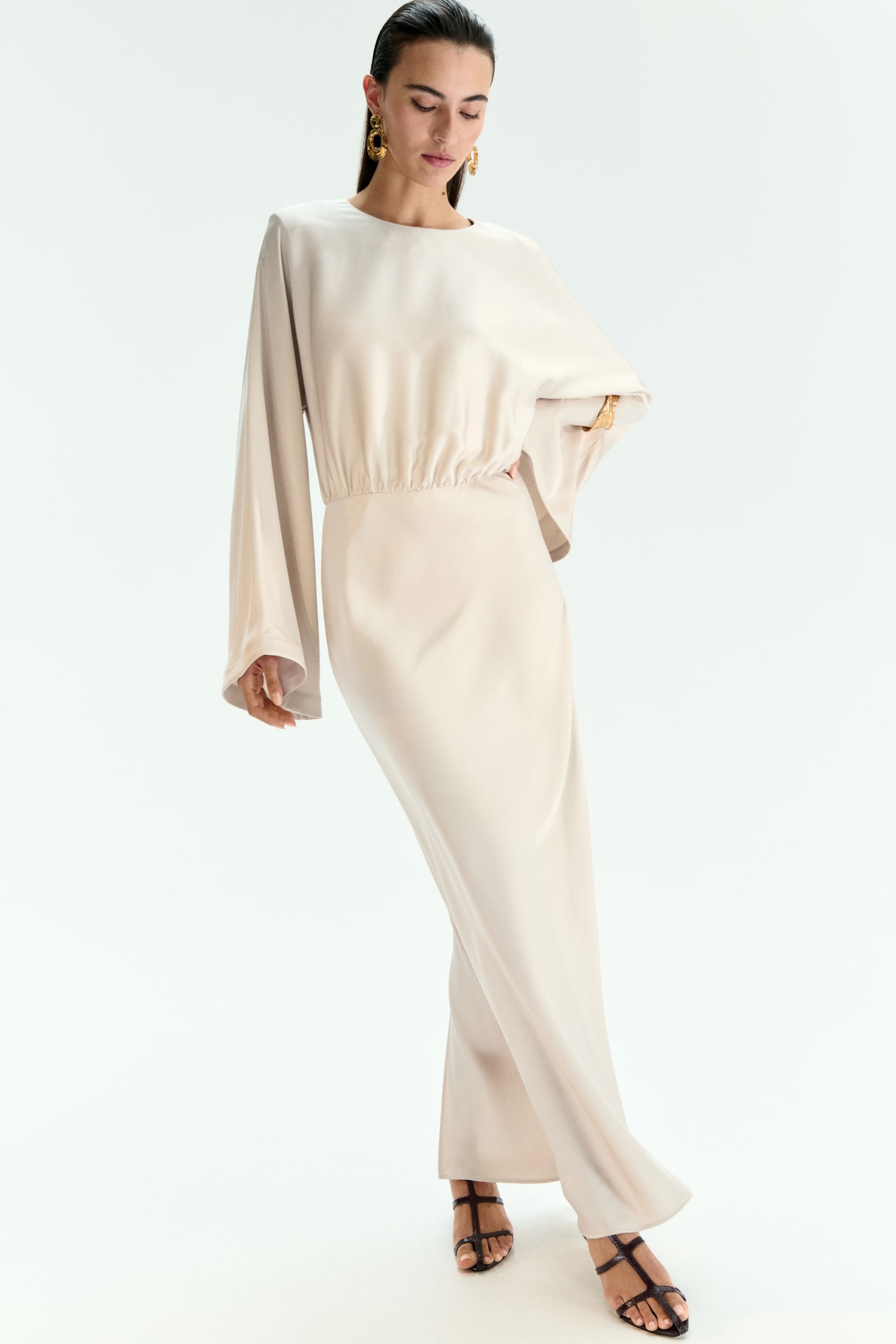 Shoulder-pad satin dress - Light beige/Dark brown - 1