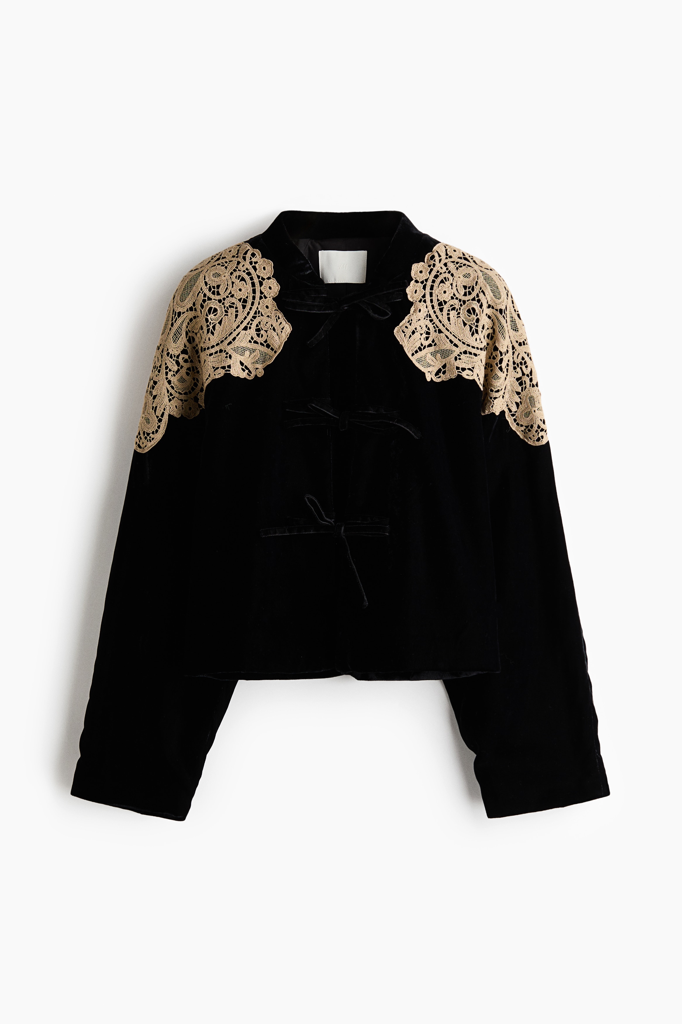 A black velvet jacket featuring intricate cream-coloured lace overlays on the shoulders and a high band collar is worn by the model. The model holds a gloved hand near the collar, highlighting the contrast between the dark velvet fabric and the light lace detail.