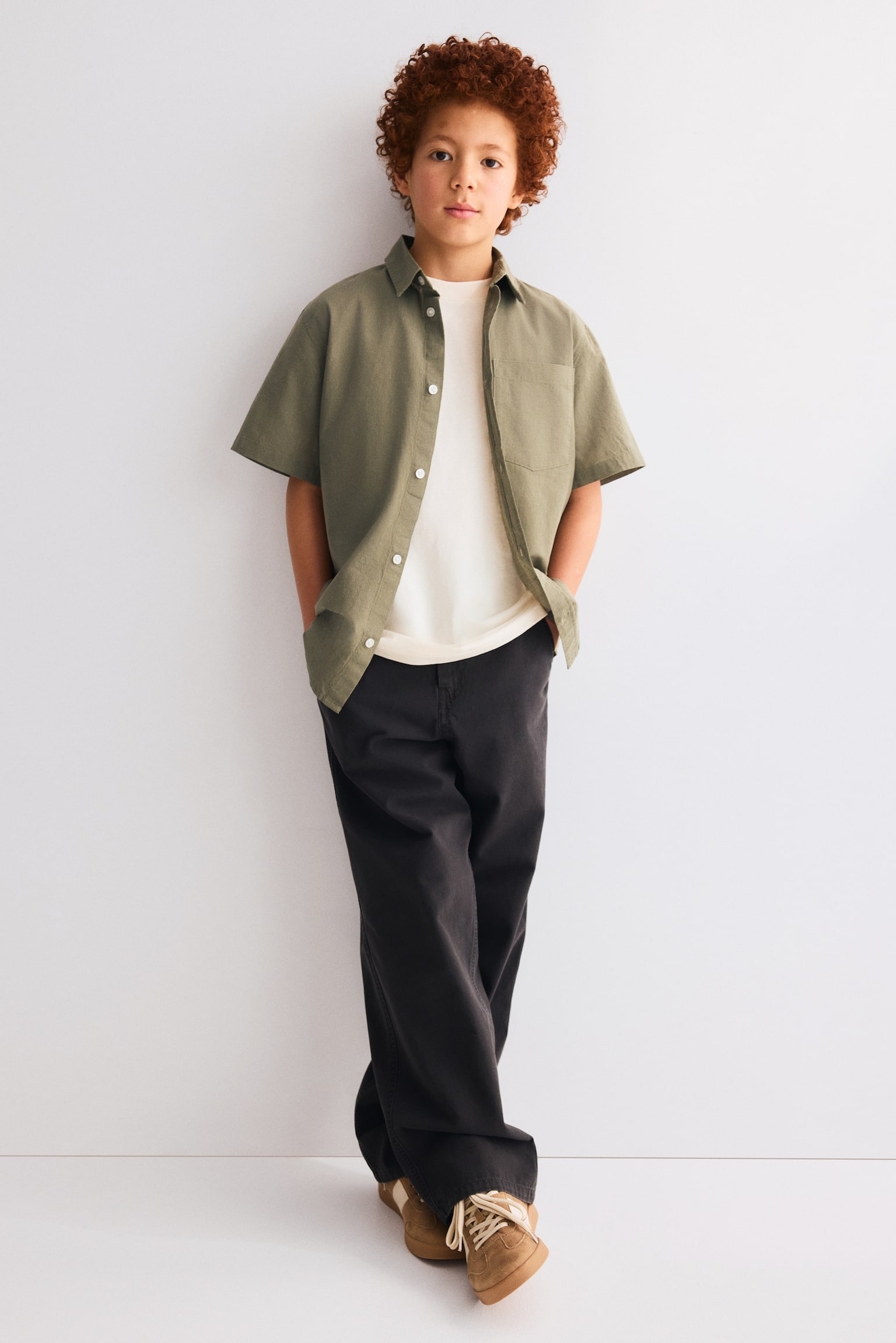 Chemise en lin mélangé - Vert kaki foncé/Blanc/Beige clair/Bleu marine/Bleu clair - 4
