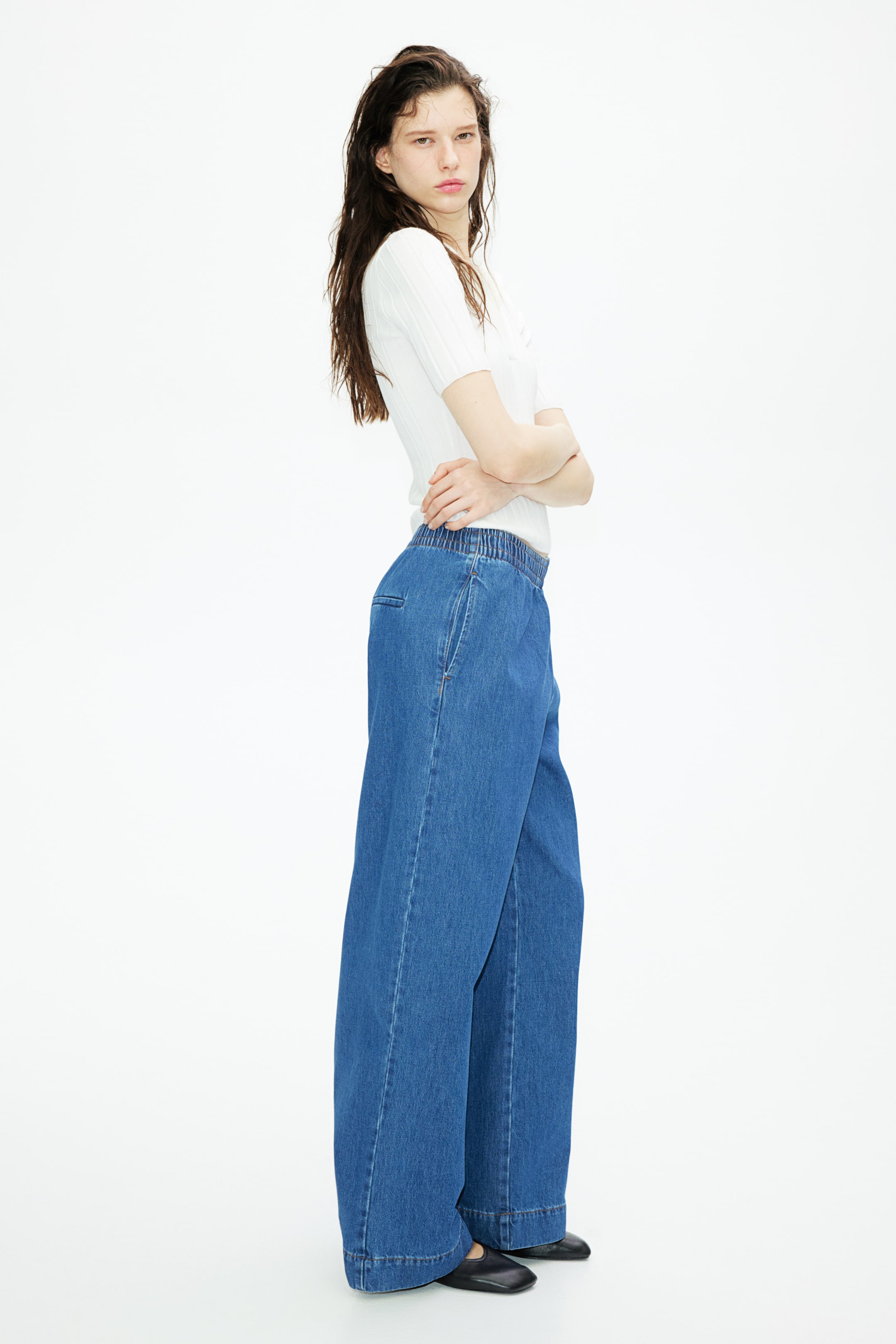 Pull-on denim trousers