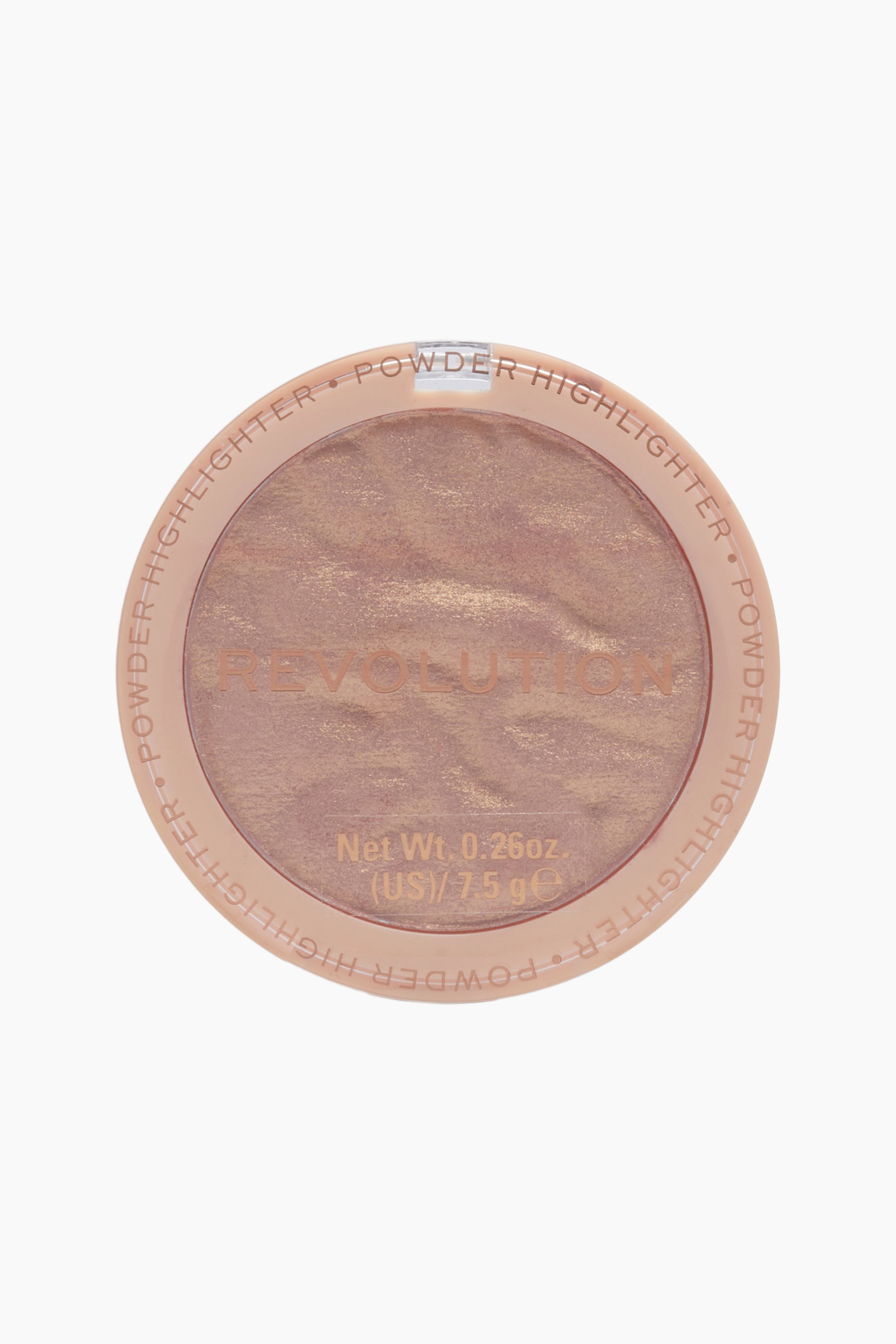 Visa större bild: En cirkelformad Revolution-puderhighlighter visas i en frontvänd, uppifrån-vy, med ett skimrande roséguldfärgat puder och en vågformad, texturerad yta i ett kompaktskinn med transparent lock. Varumärkesnamnet "REVOLUTION" är tryckt över mitten av locket, med "POWDER HIGHLIGHTER" upprepat längs den persikofärgade ytterkanten.