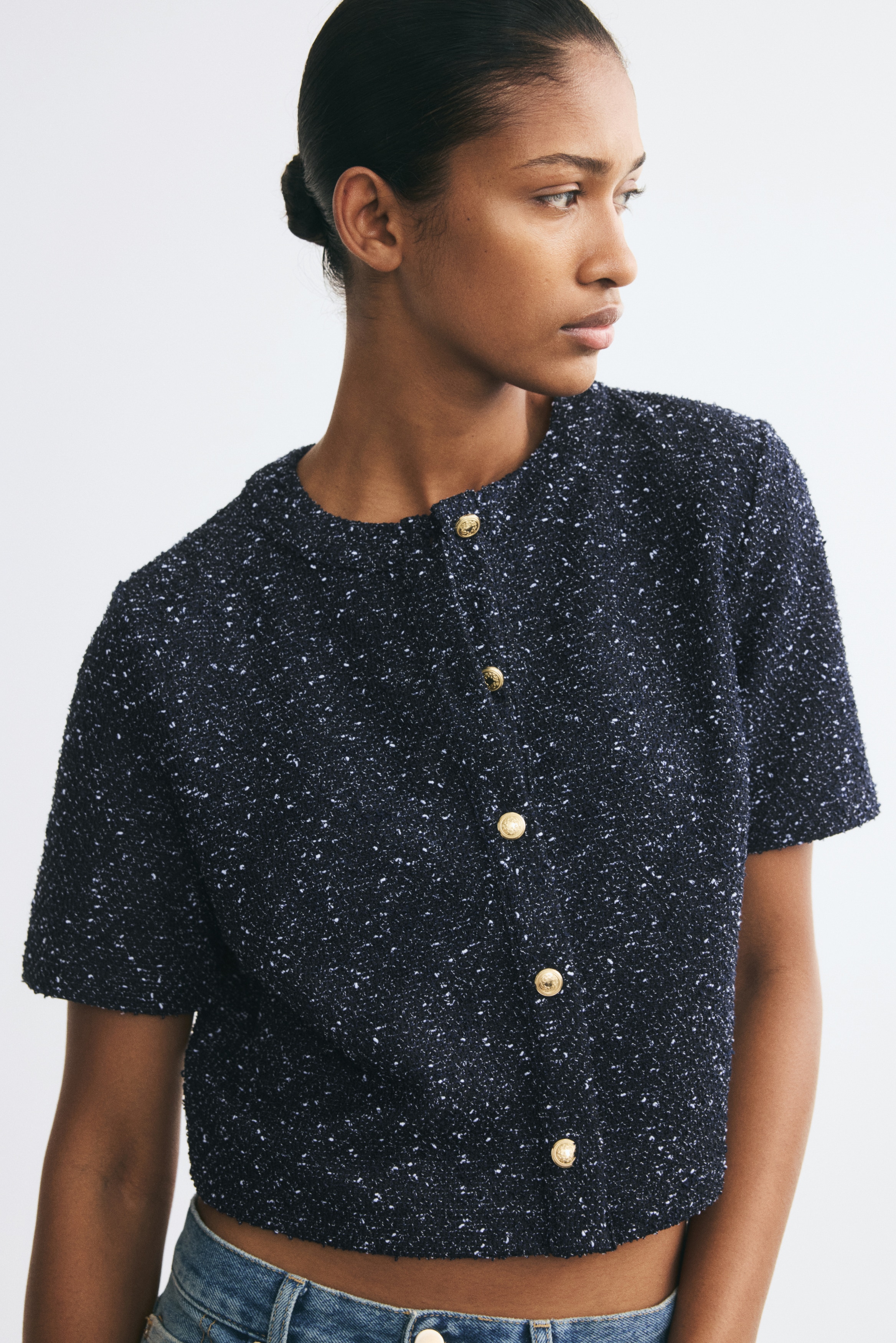 Áo cardigan dệt bouclé ngắn tay - Màu xanh tím than/Màu be xám nhạt/Màu đỏ rượu