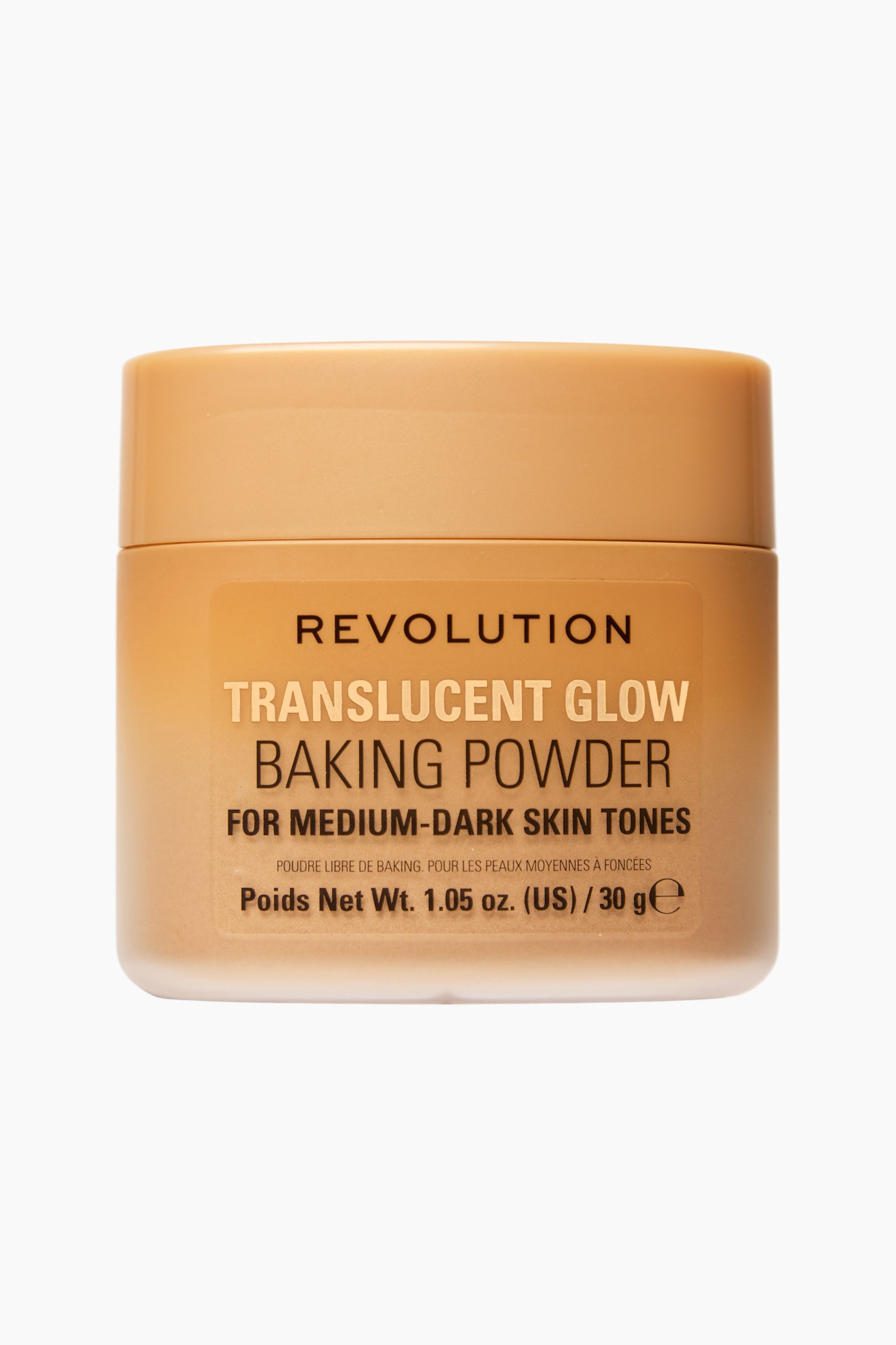 Größeres Bild ansehen: Ein durchscheinendes Glow-Baking-Powder-Glas steht aufrecht und nach vorne gerichtet. Es verfügt über einen festen, tanfarbenen Deckel und ein durchscheinendes Glas, das von einer helleren, mattierten Basis zu einem passenden tanfarbenen Farbton am oberen Ende übergeht. Ein rechteckiges Etikett auf der Vorderseite zeigt Produktinformationen in schwarzem und goldenem Text an.