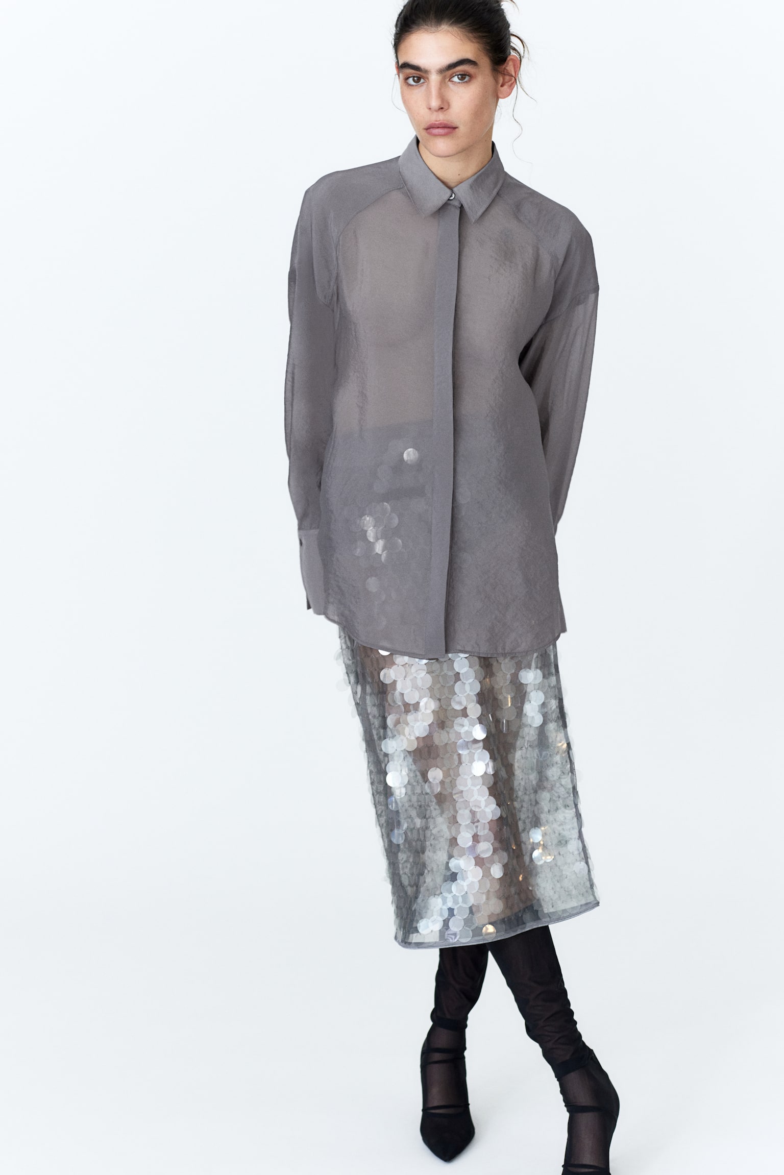 Oversized organza shirt - Grey - 7