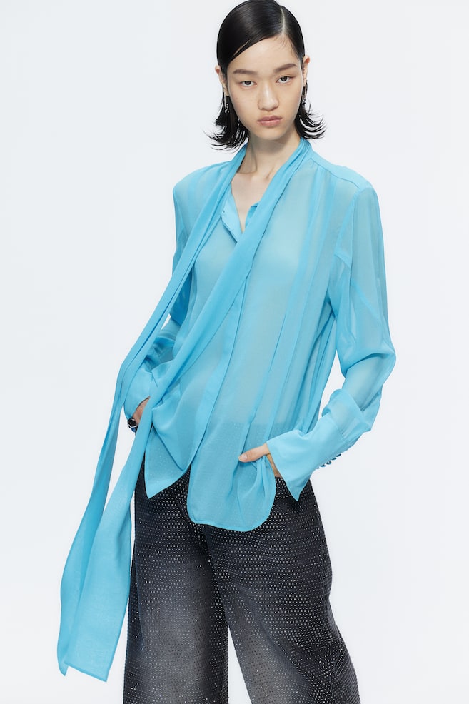 Sheer silk bow blouse - Teal - 3