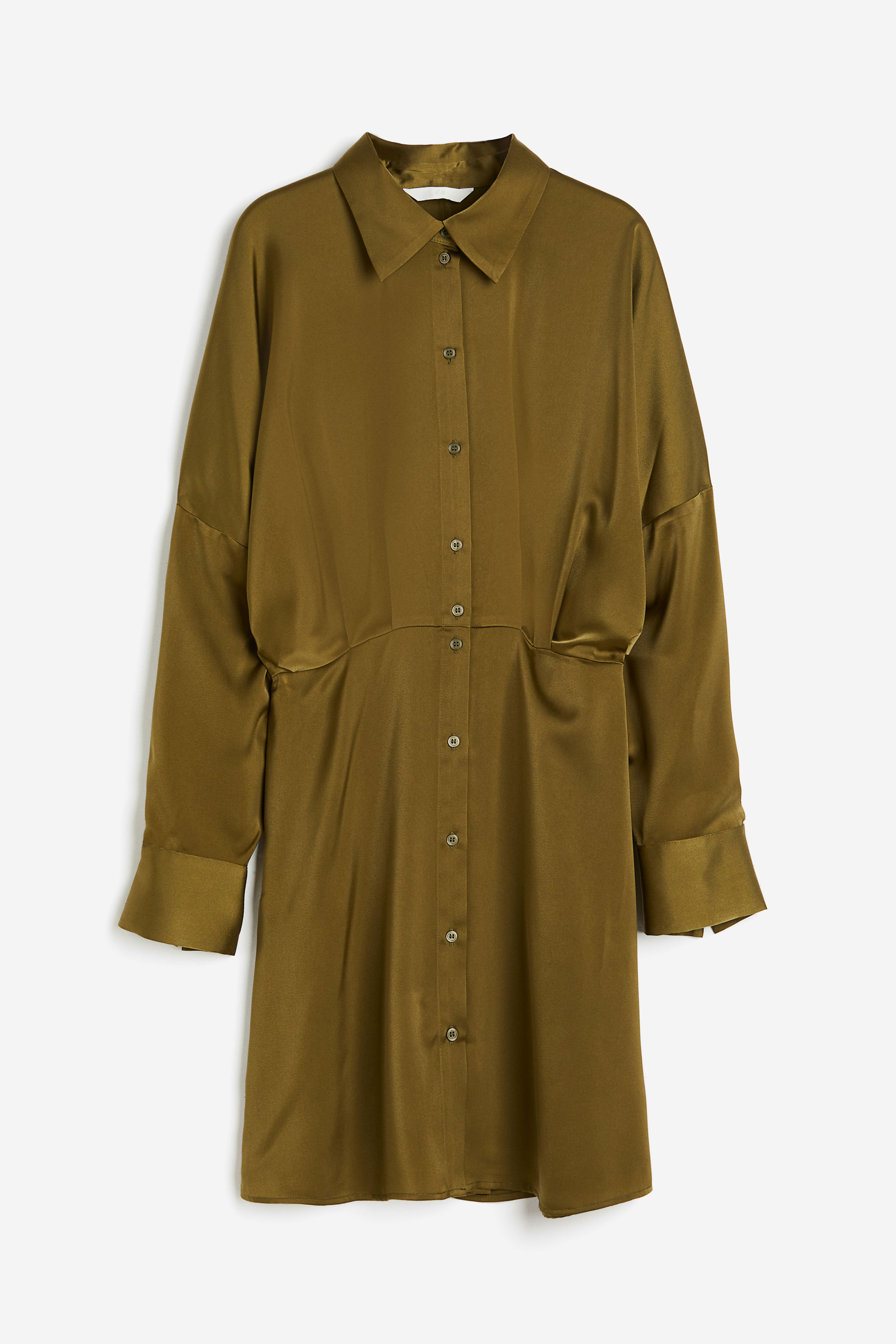 Satin shirt dress - Long sleeve - Short - Dark khaki green - Ladies | H&M GB