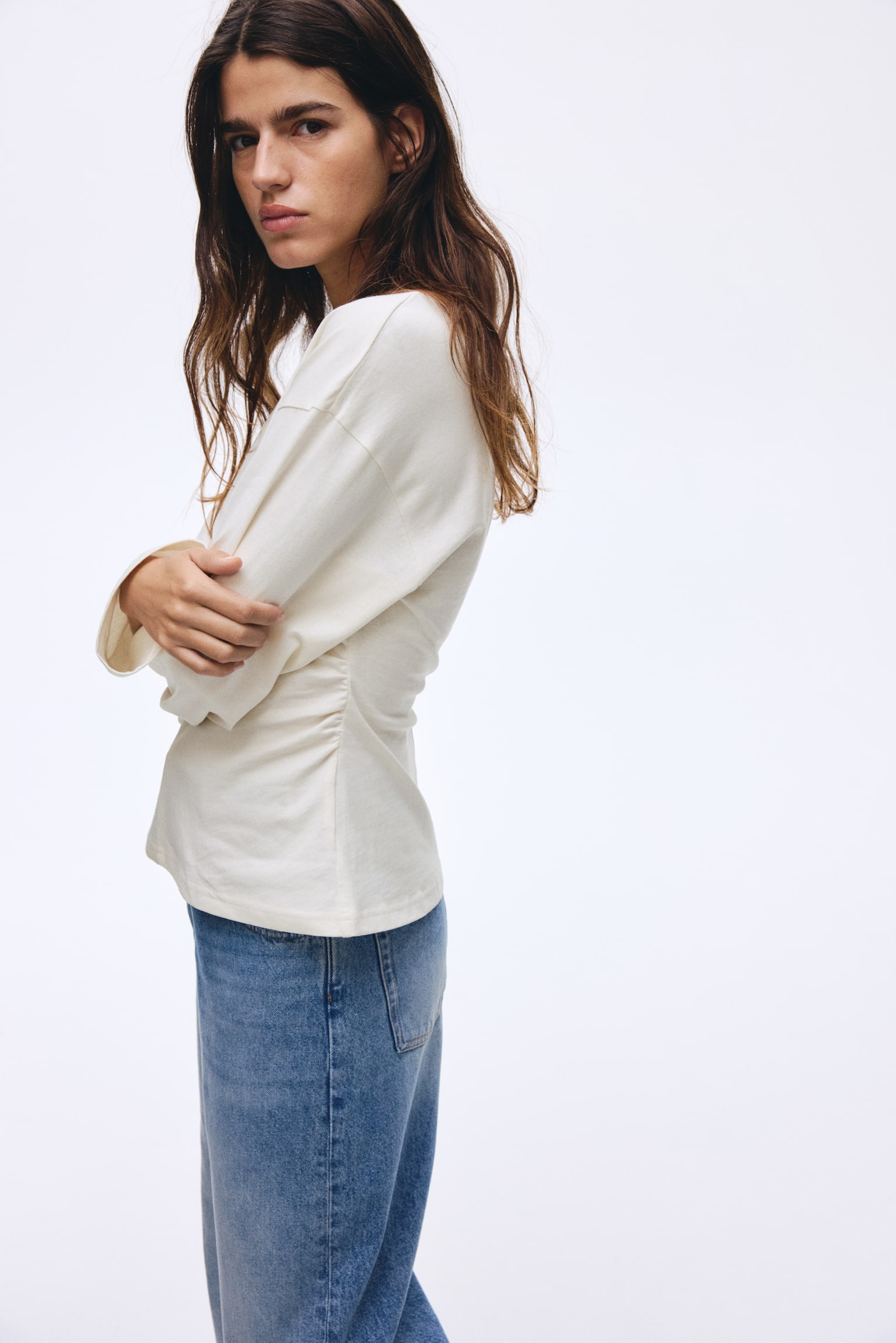 Gathered cotton jersey top - White/Dark grey/Black - 3