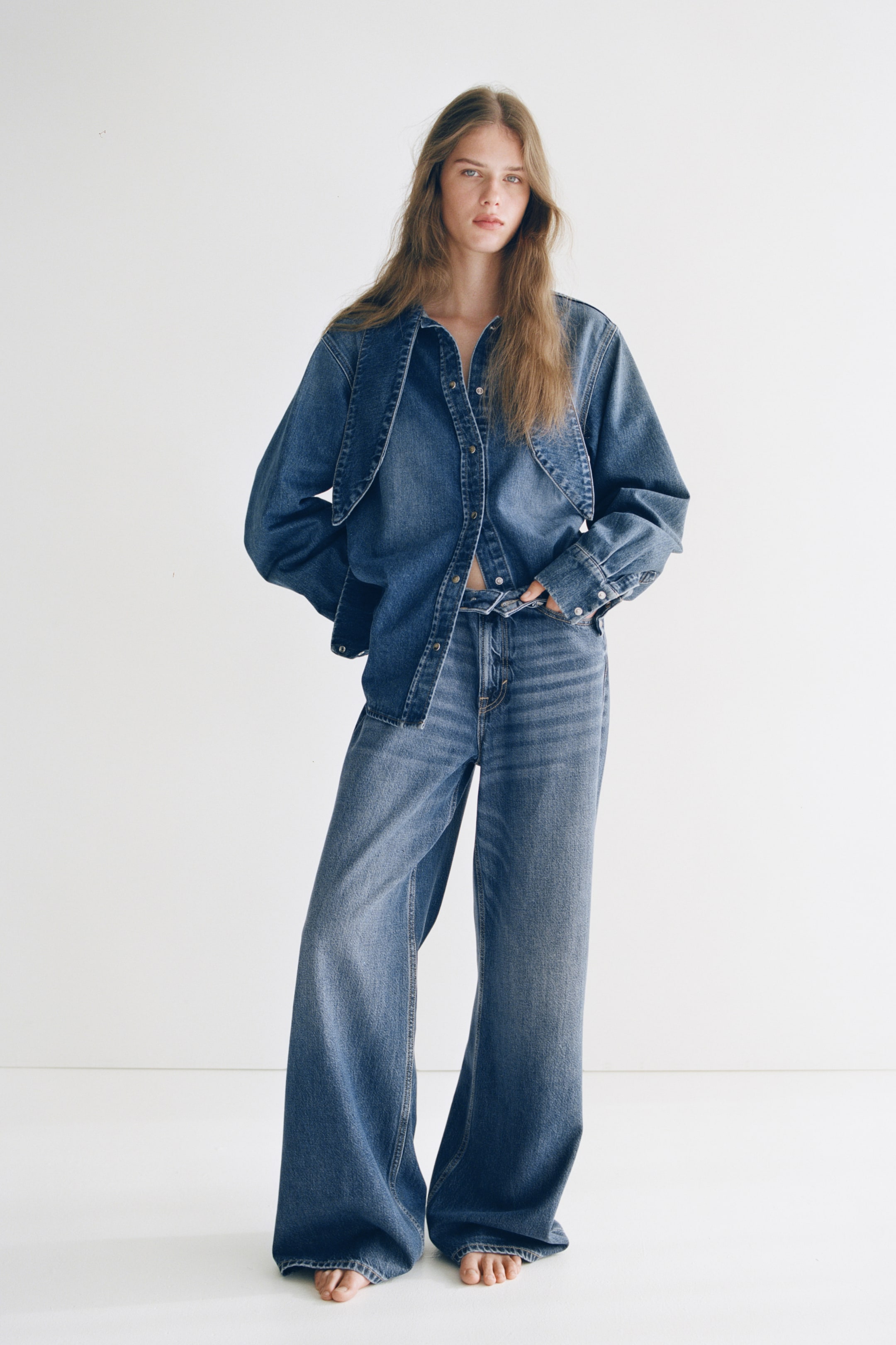 Women's Denim blue Bow-collar denim shirt | H&M GB