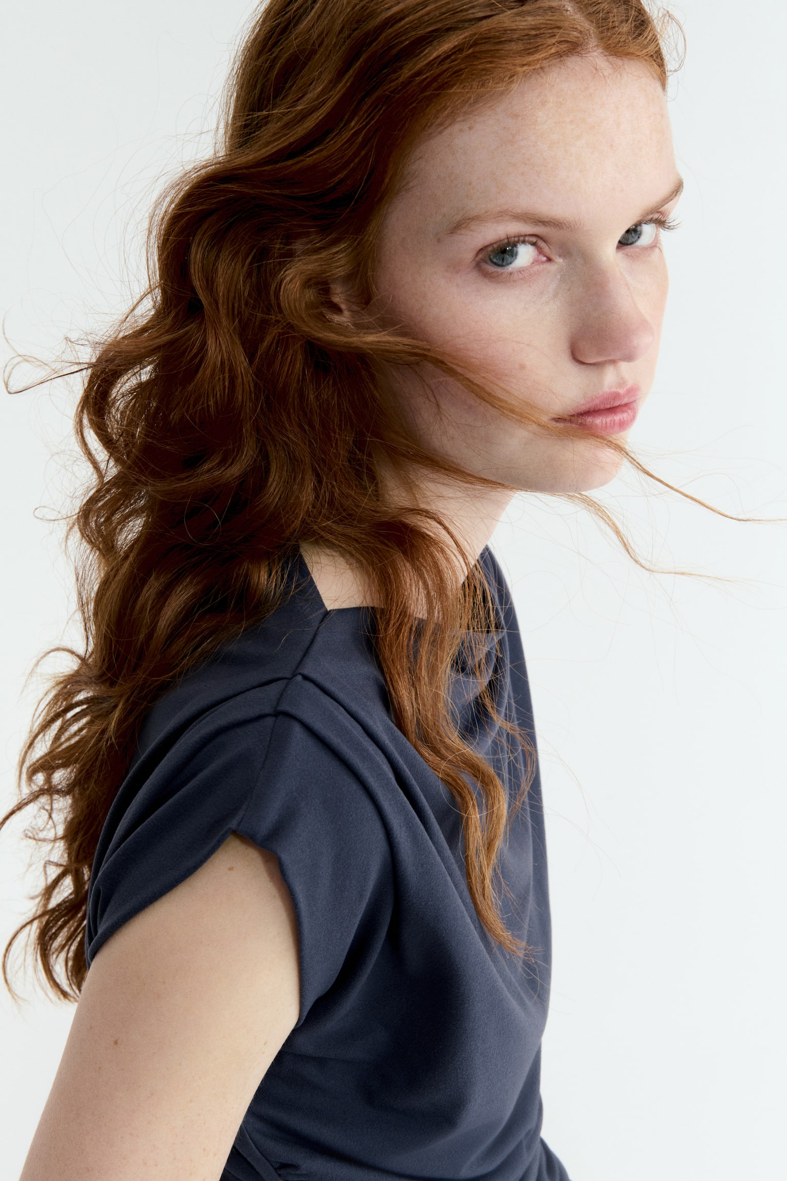 Draped boat-neck top - Dark pigeon blue/Beige/Dark brown - 5