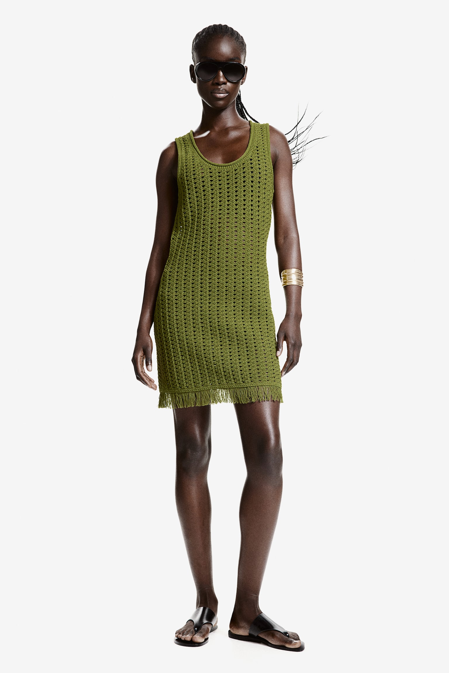 Crochet Look Dress - Olive green - 3