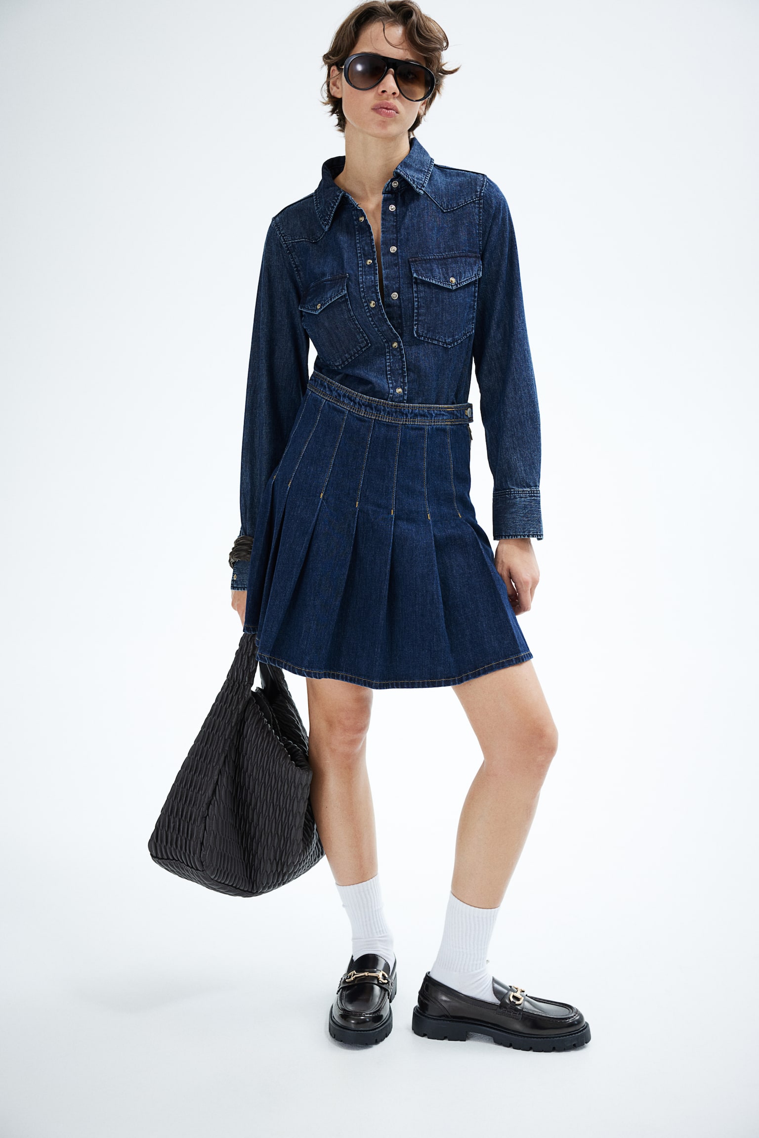 Pleated denim skirt - Dark denim blue - 1