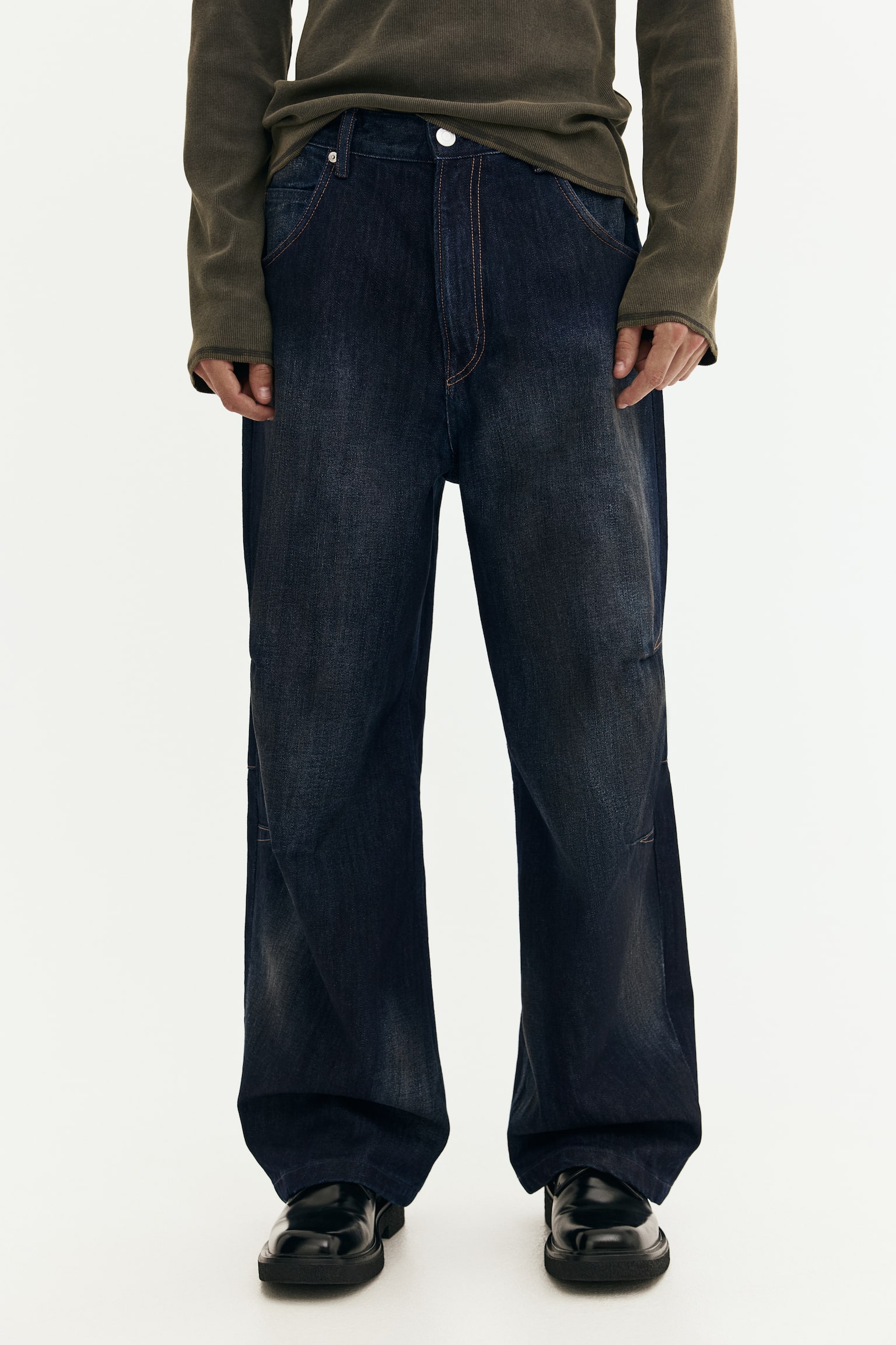縫合褶牛仔寬版褲 - 深丹寧藍/深咖啡色/丹寧藍 - 3