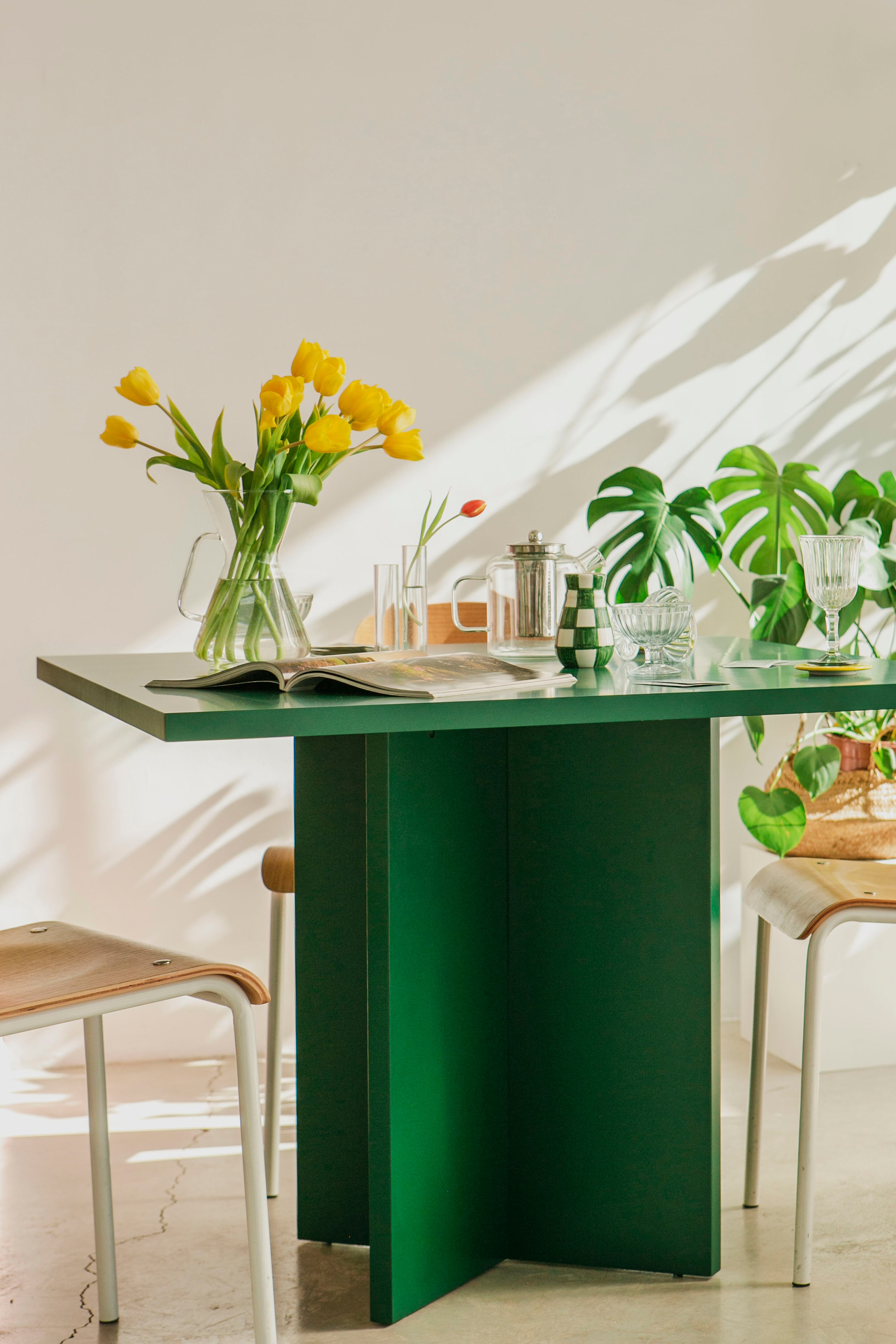 Square Dining Table, Laminated Tabletop - Cedar Green/Flame Red/Prussian Blue/Taupe