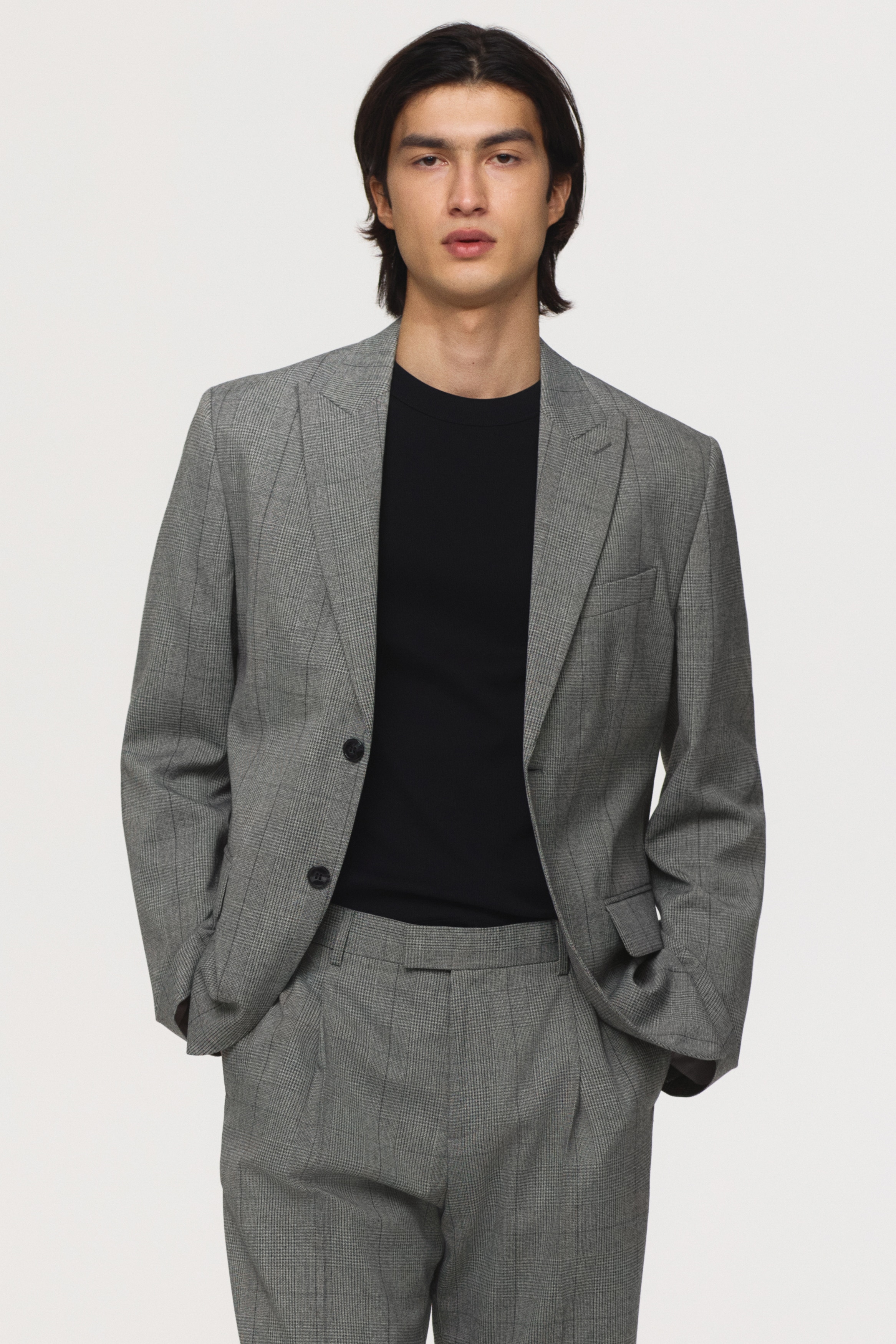 標準剪裁單排扣外套 - 灰色/格紋/深灰色