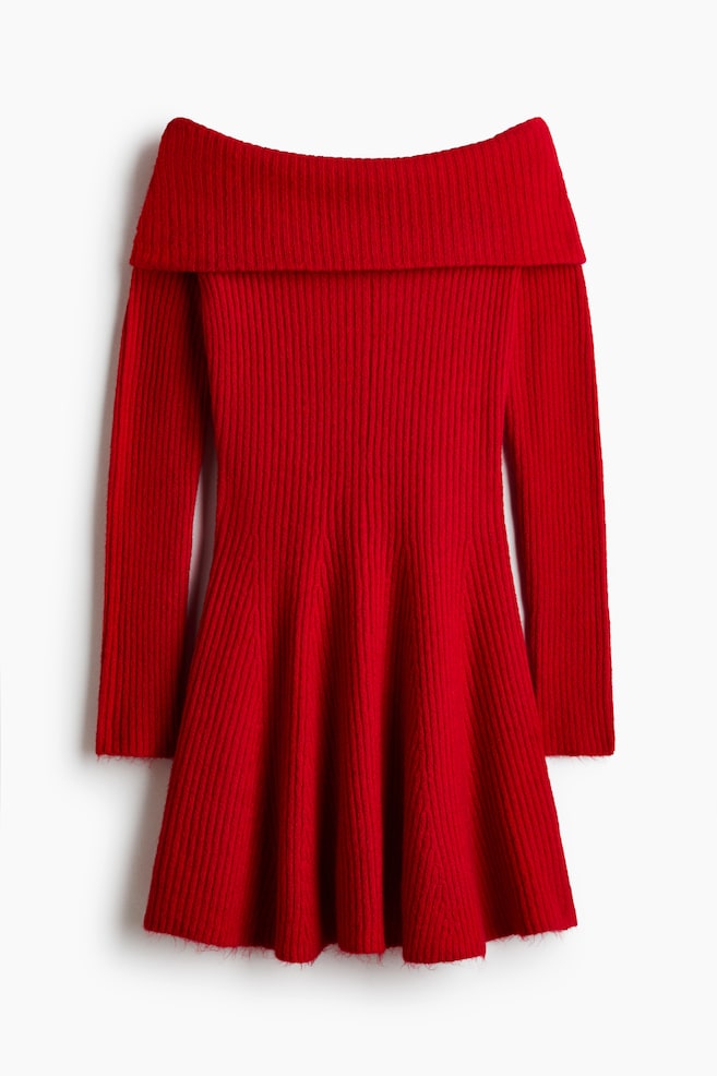 Rib-Knit Off-the-Shoulder Dress - Red/Beige melange/Cream/Dark khaki green/Dark gray melange - 1