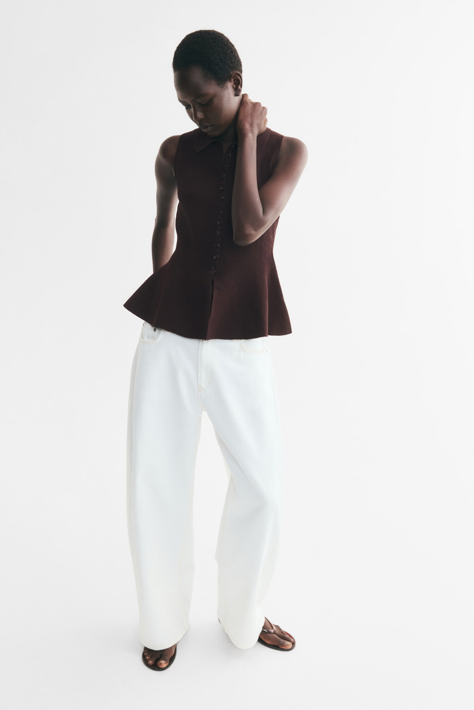 Женский топ H&M Rib-Knit Peplum Top, цвет: Тёмный коричневый — фото 3