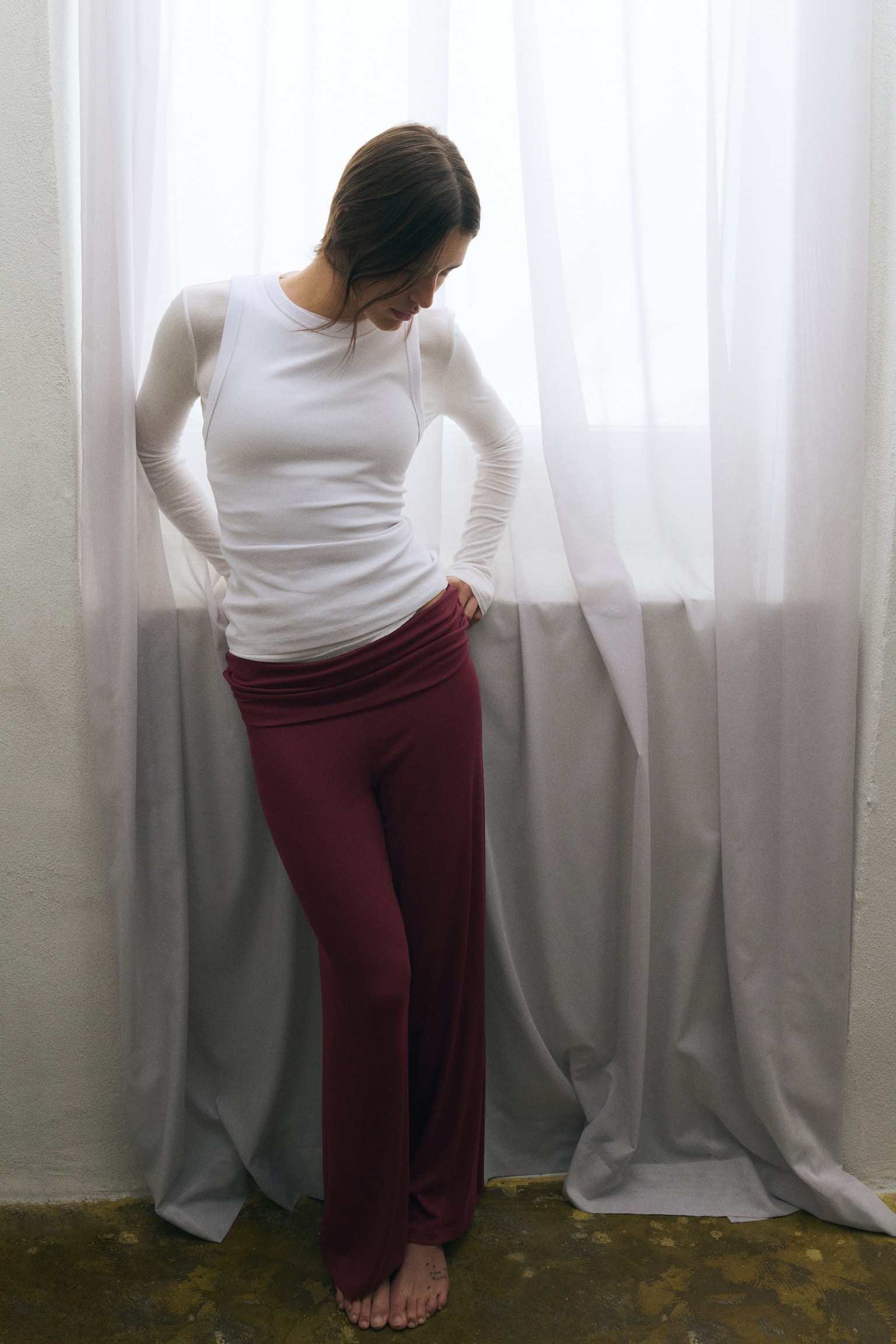 Pantalón deportivo con pretina plegable - Borgoña claro/Gris jaspeado - 4