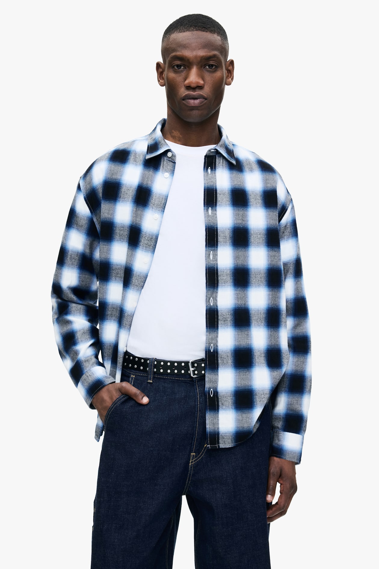 dark blue checkered dress shirt Lau Plaid Shirt Jacket – Blue | Tops & Shirts main image 1