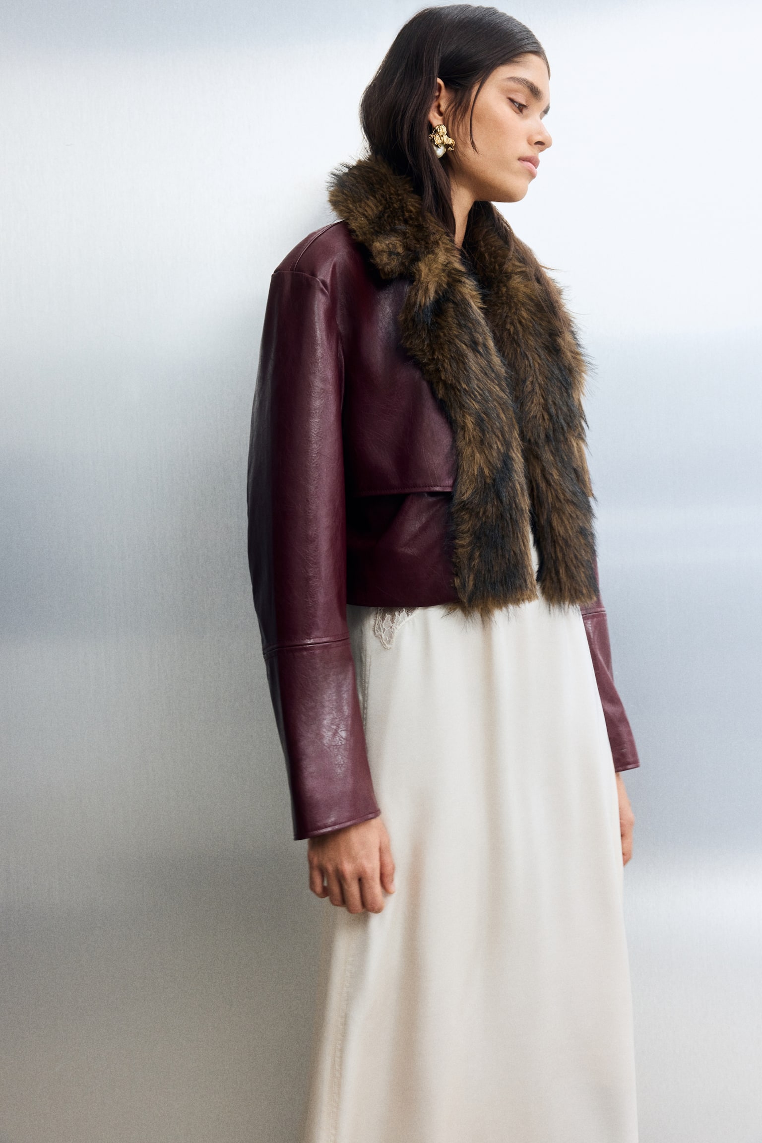 ז'קט קרופ עם ציפוי - בורדו/חום - 4