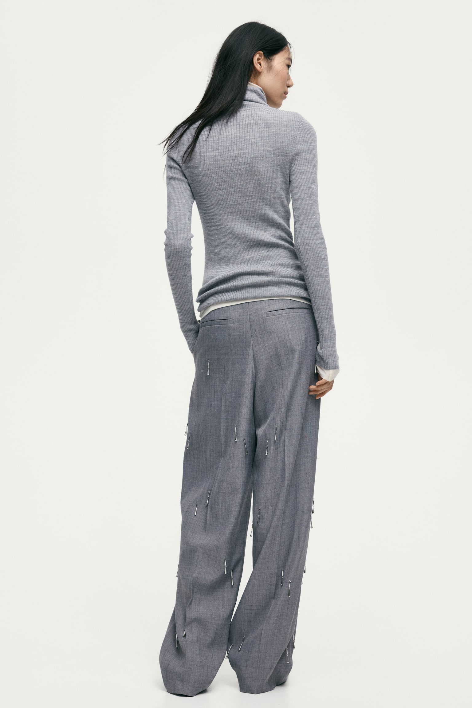 メリノウールロールネックトップス - グレーメランジ - 3