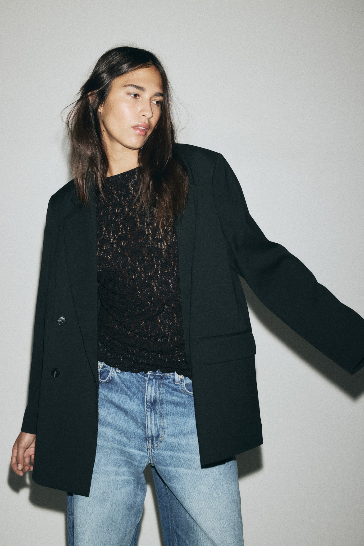 Lace-look jersey top - Black/Light beige/Dark brown - 1