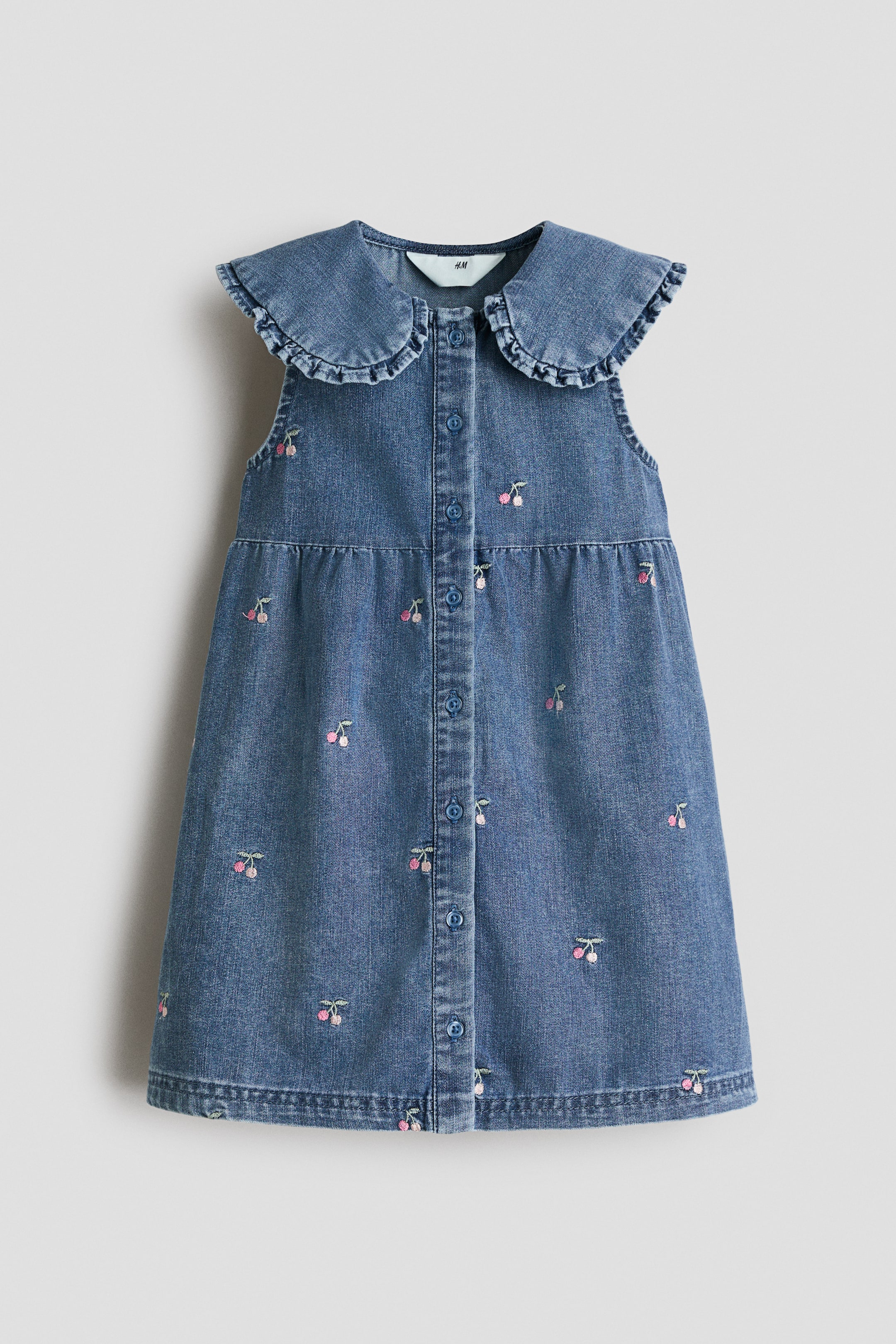 View larger image: Embroidered denim shirt dress - Denim blue/Cherries - Kids | H&M 1