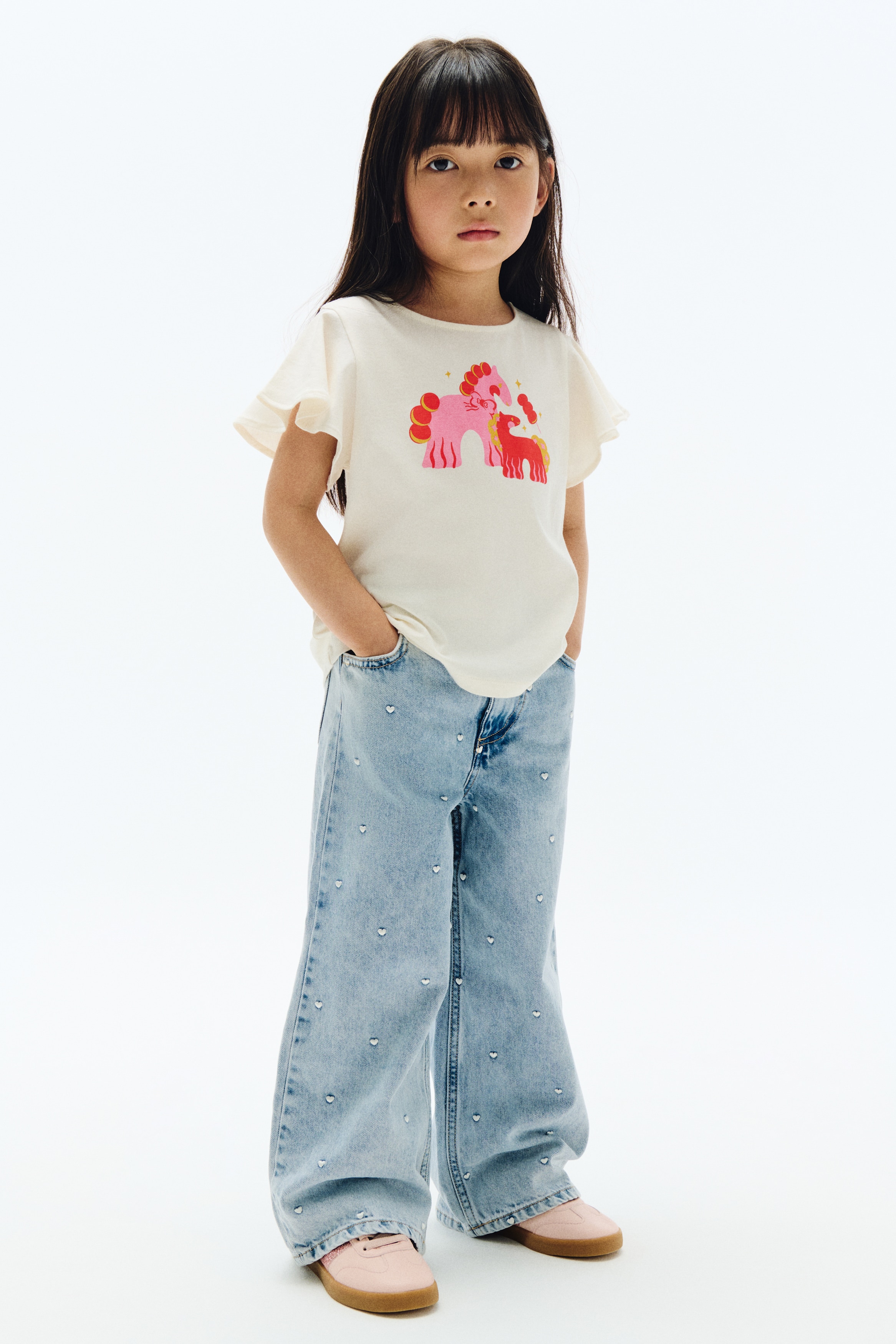 Printed flutter-sleeved top - Cream/Horses/Red/Bow