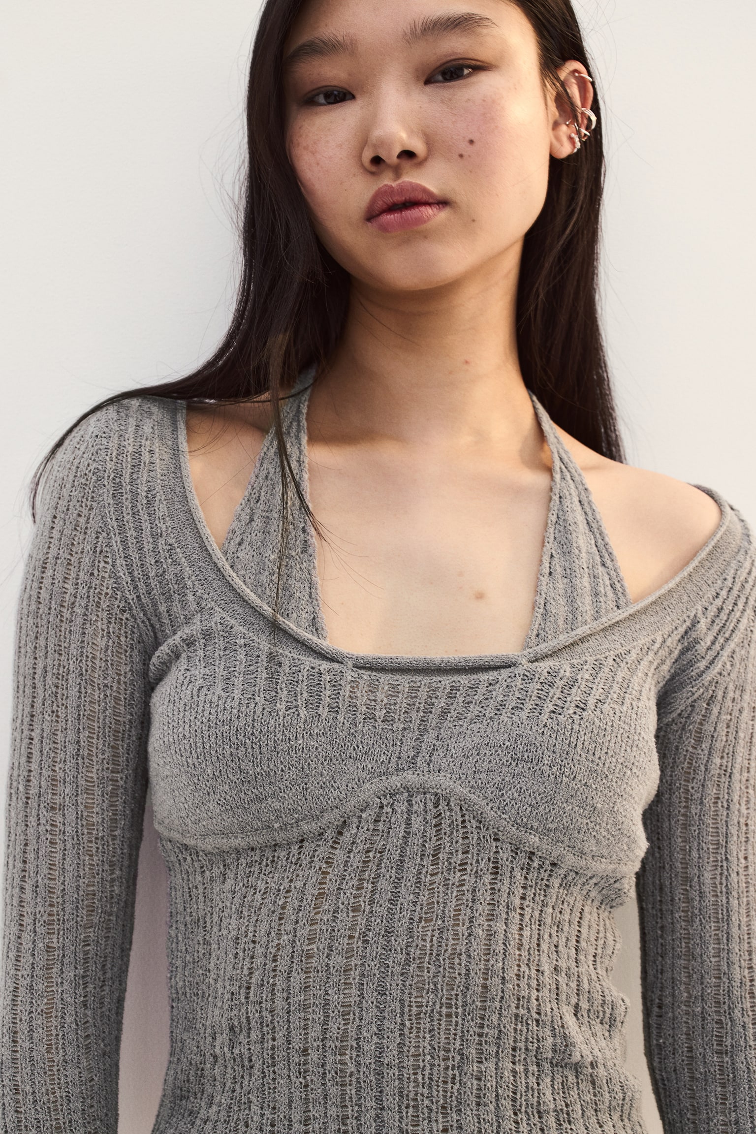 Double-layered ladder-stitch-look top - Grey - 4