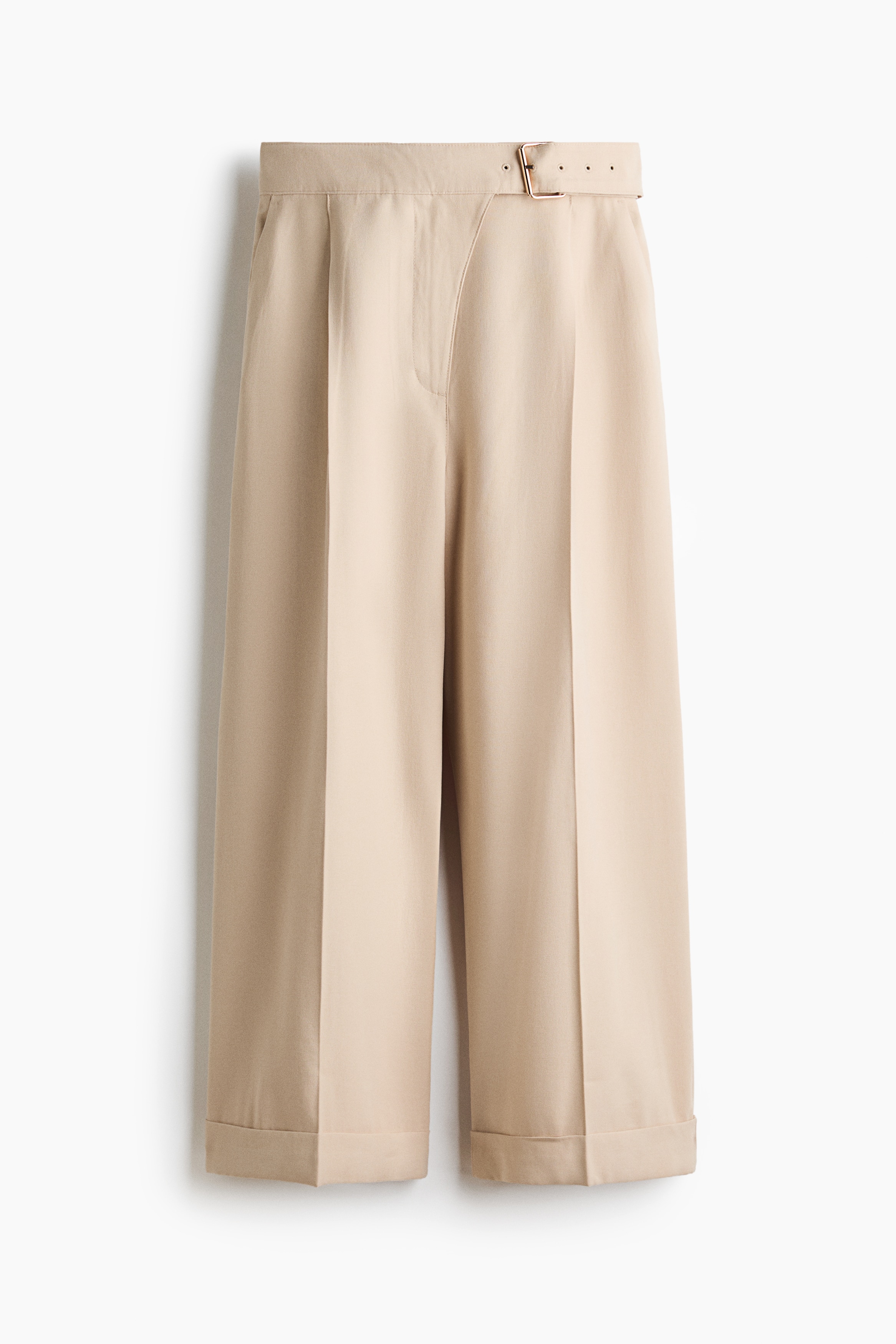 Straight belted trousers - Light beige/Cream/Dark purple