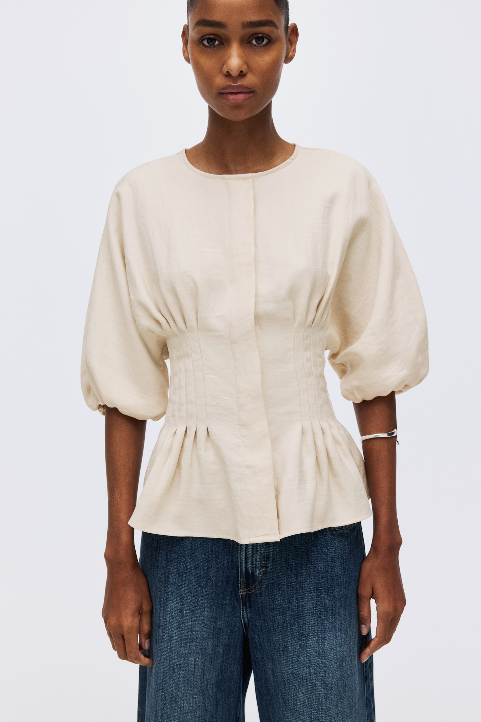 Waisted blouse - Light beige/Black - 4