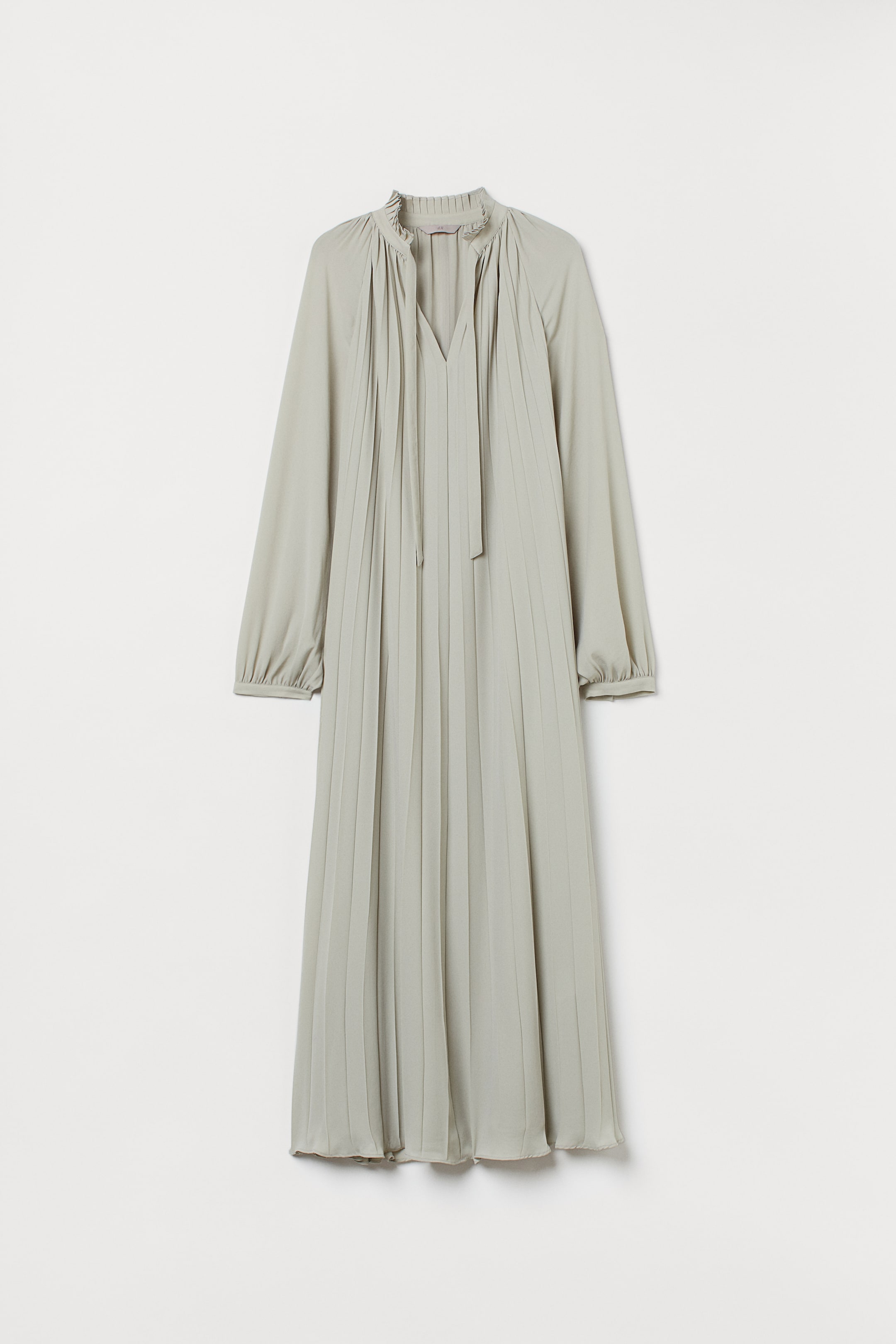 Pleated Maxi Dress - V-neck - Long sleeve - Light sage green 