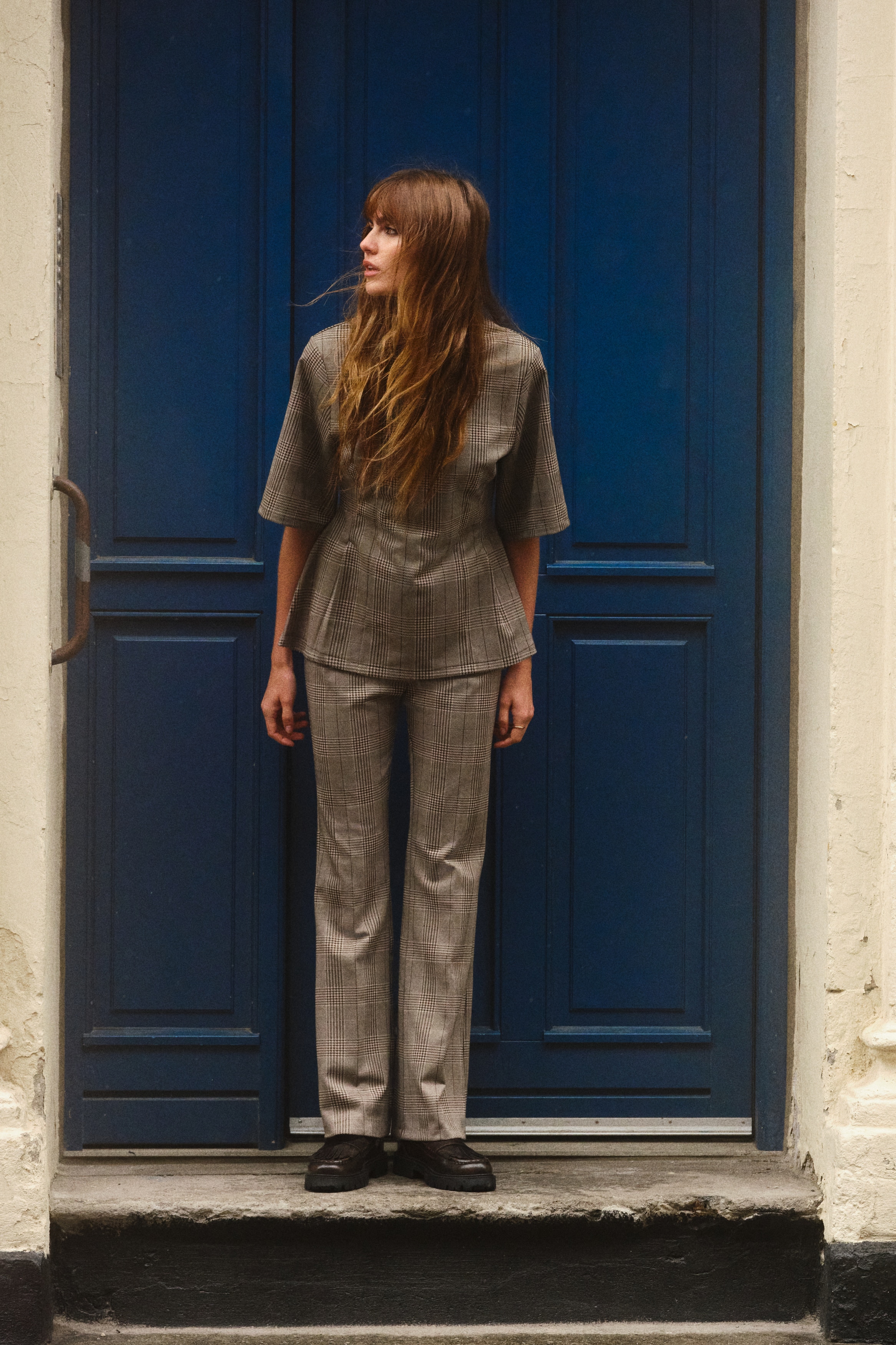 Dames - Dark Bruin/Checked Broek met ceintuur - Size: XXL  - H&M