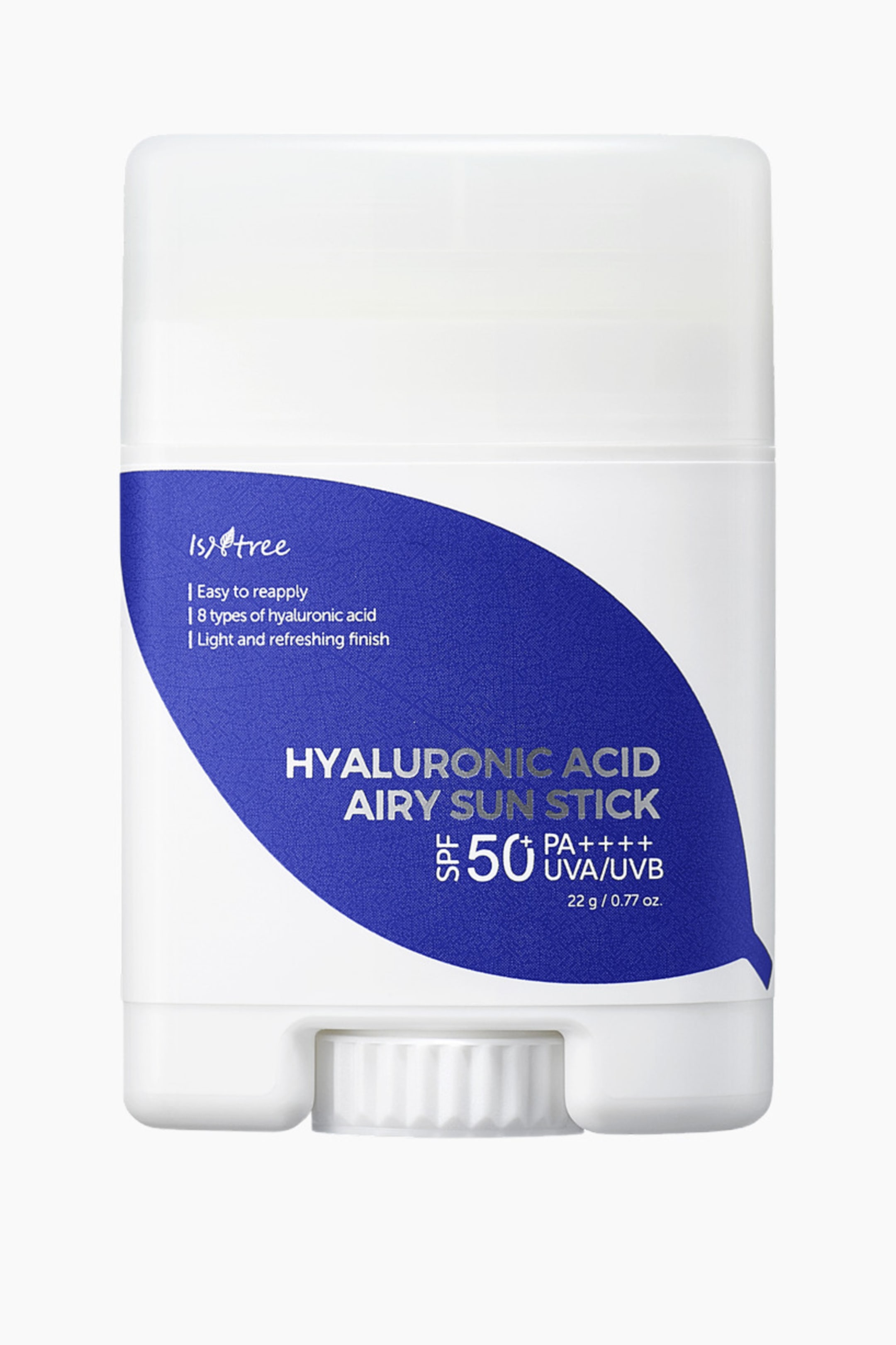 Visa större bild: En vit rektangulär solsticka står upprätt, vänd framåt, och har en stor, oregelbundet formad blå etikett på framsidan. Etiketten visar "Hyaluronic Acid Airy Sun Stick SPF 50+ PA++++ UVA/UVB" i vit text, och en vit räfflad vridmekanism är synlig längst ner.