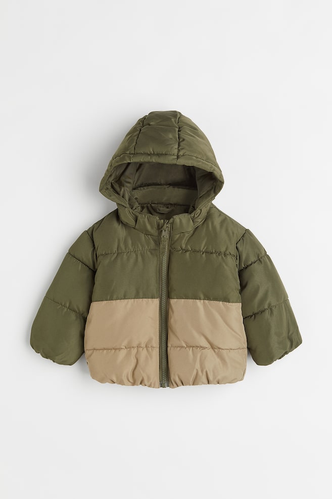 Hooded puffer jacket - Khaki green/Beige - 1