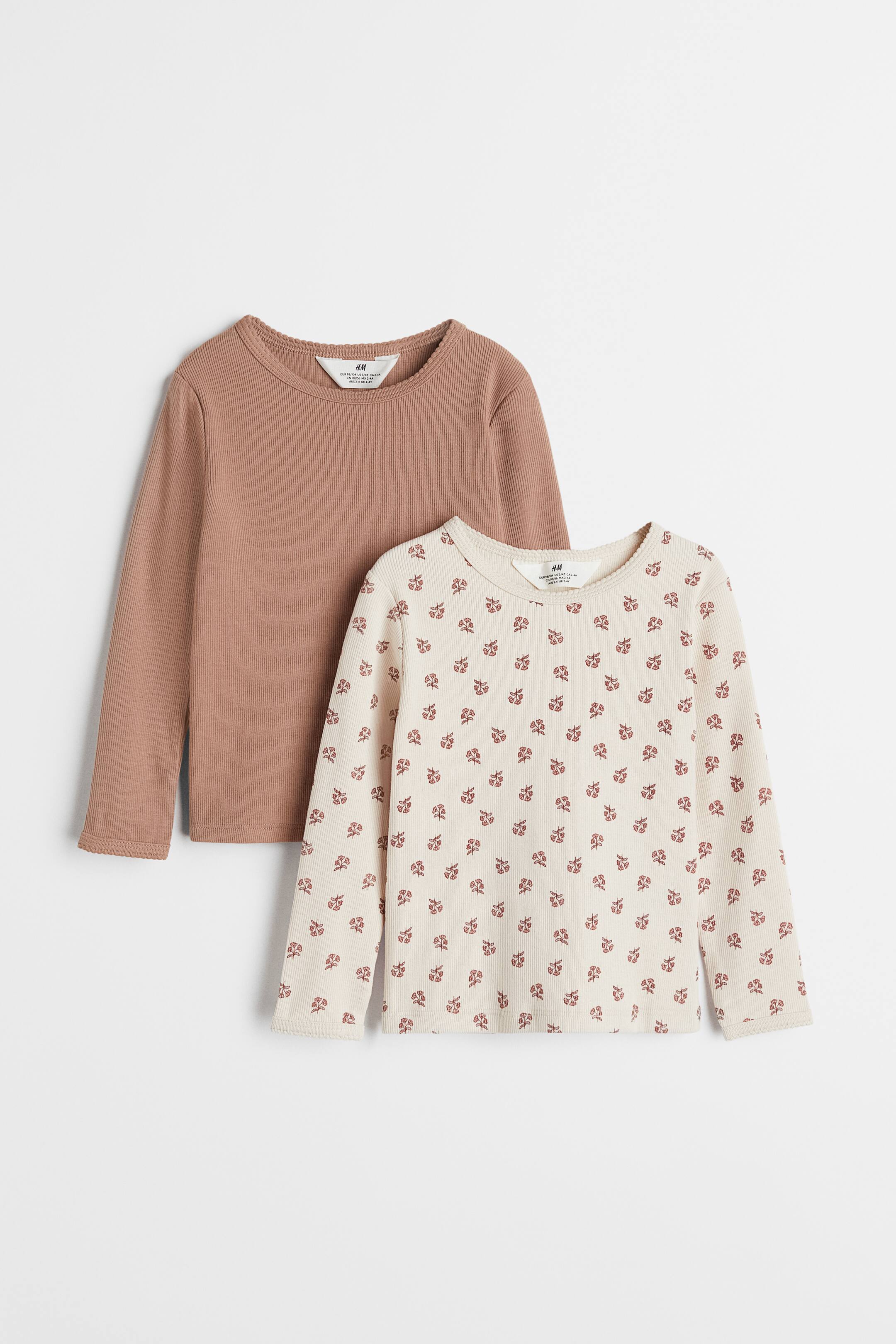 View larger image: 2-pack ribbed cotton tops - Dark beige/Floral - Kids | H&M 1